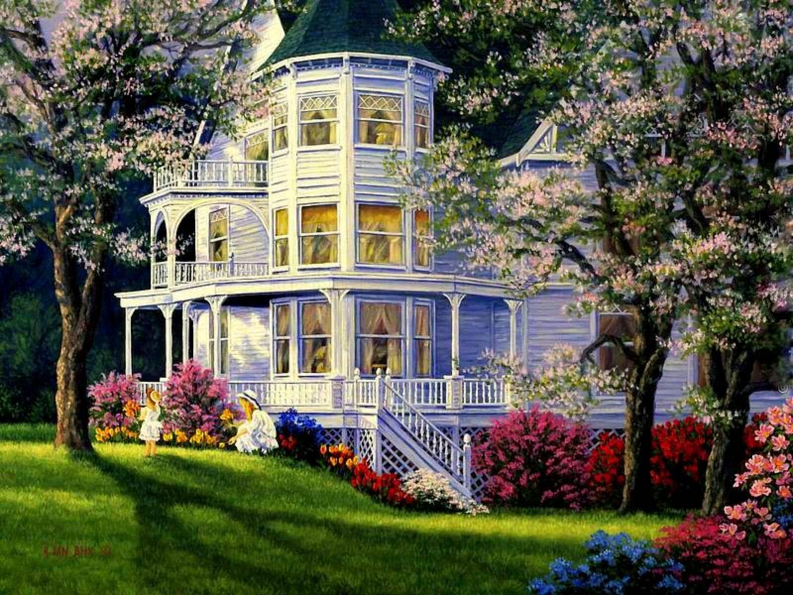 Victorian House in Springtime Wallpaper