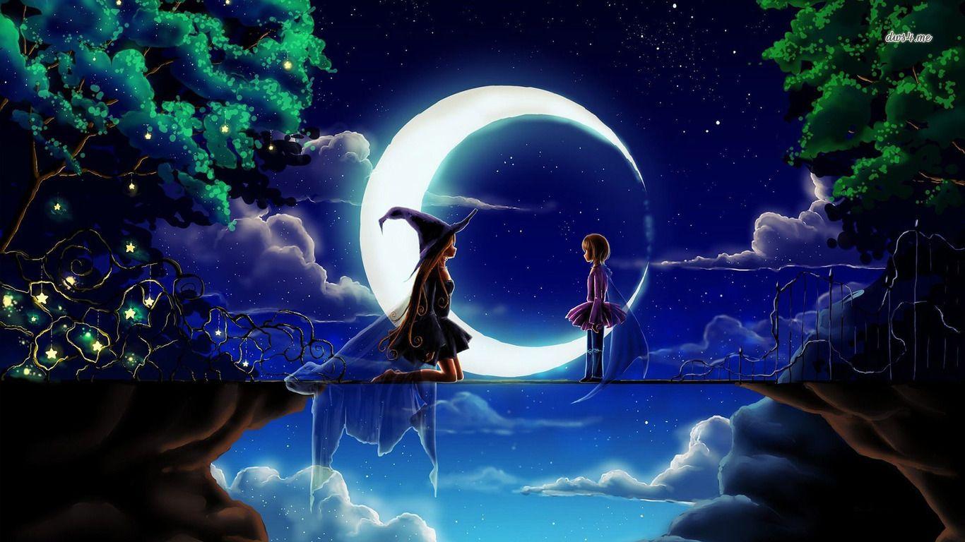 Magic Anime Wallpaper. Anime Night Moon Star Woman Magic