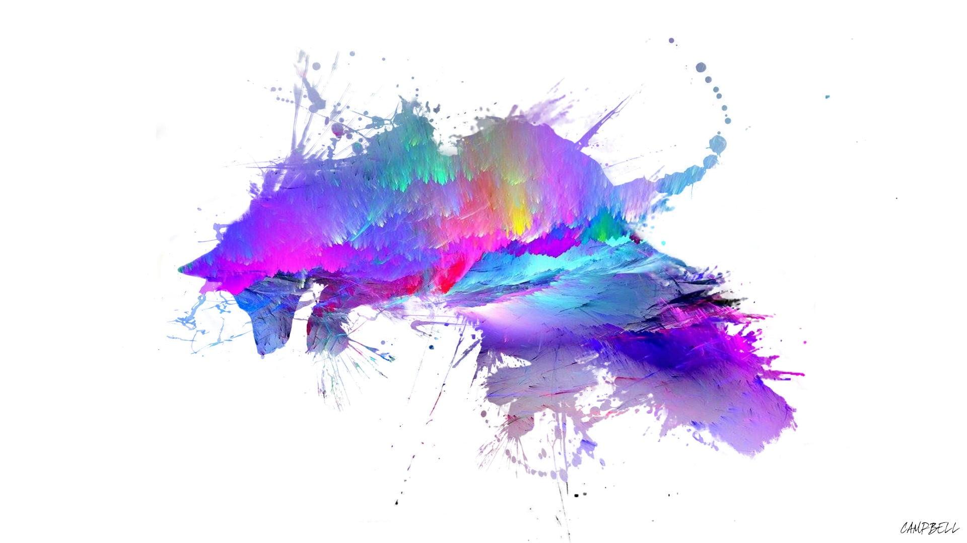 Multicolored paint splash, fox, colorful, rainbows