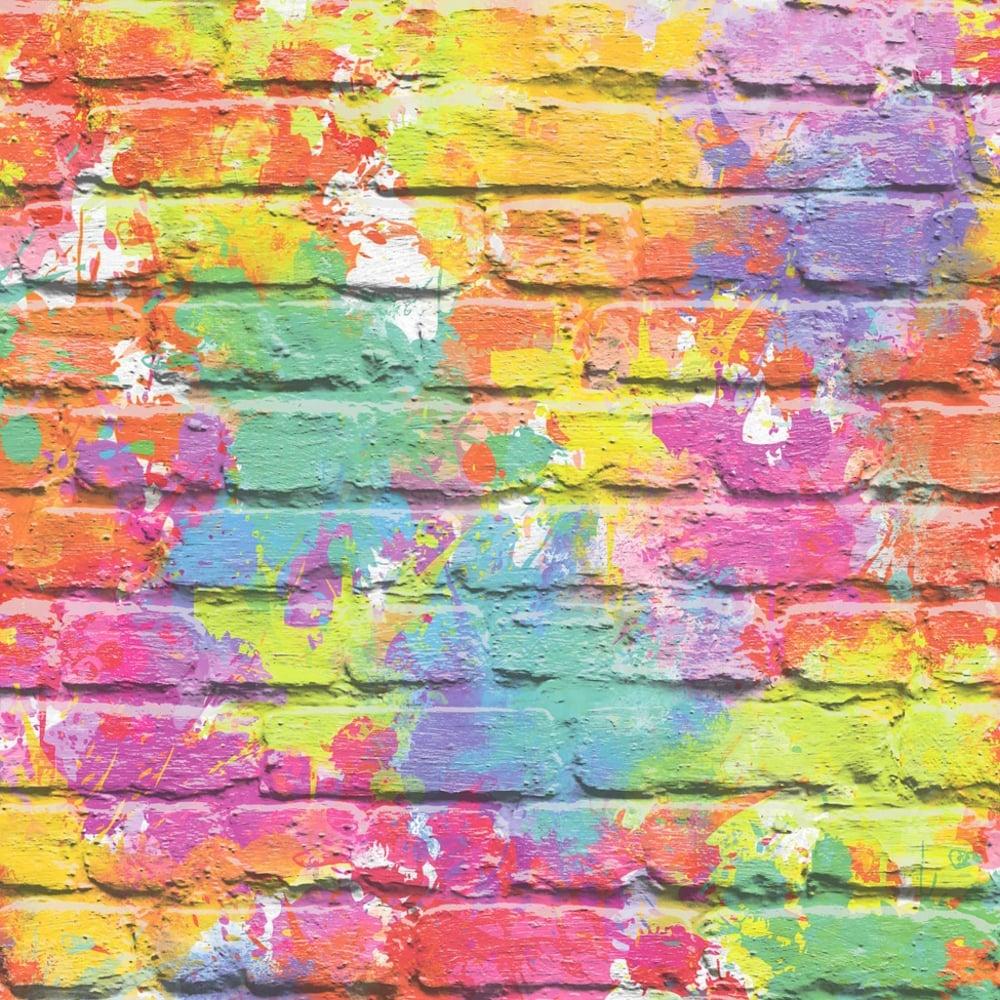 Muriva Painted Brick Pattern Wallpaper Paint Splash Colourful Textured L33505 Coloured. I Want Wallpaper