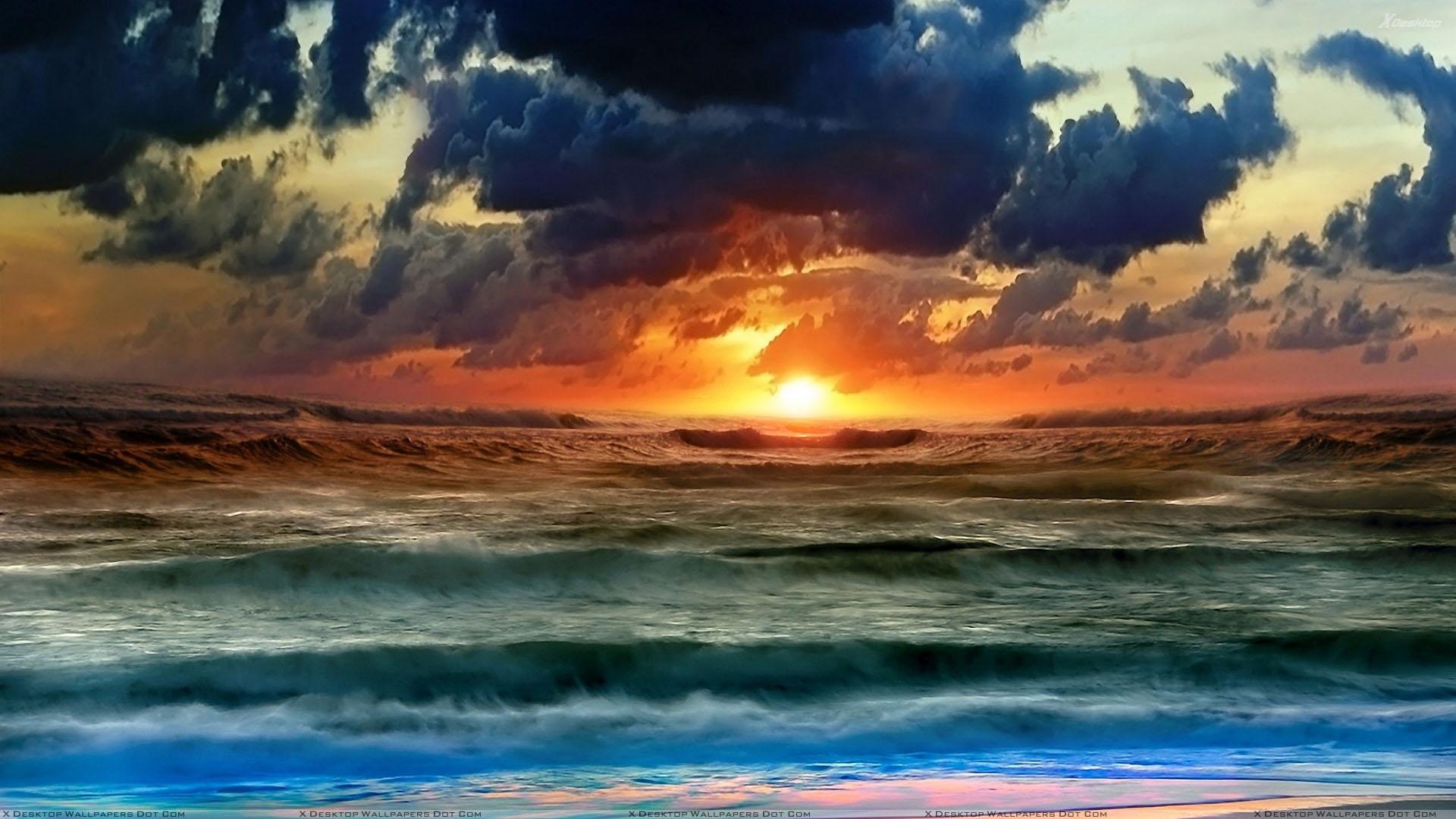 Sunset Scene Near Sea Side And Cloudy Sky Wallpaper