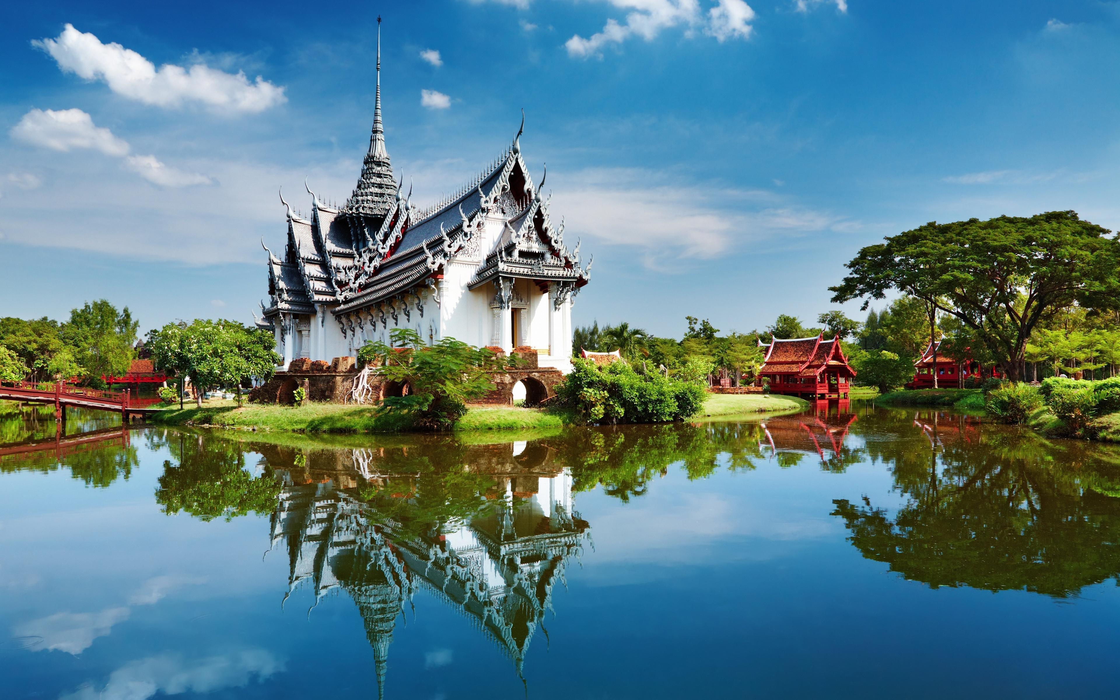 Download wallpaper 4k, Bangkok, temple, summer, lake, park, Thailand, Asia for desktop with resolution 3840x2400. High Quality HD picture wallpaper