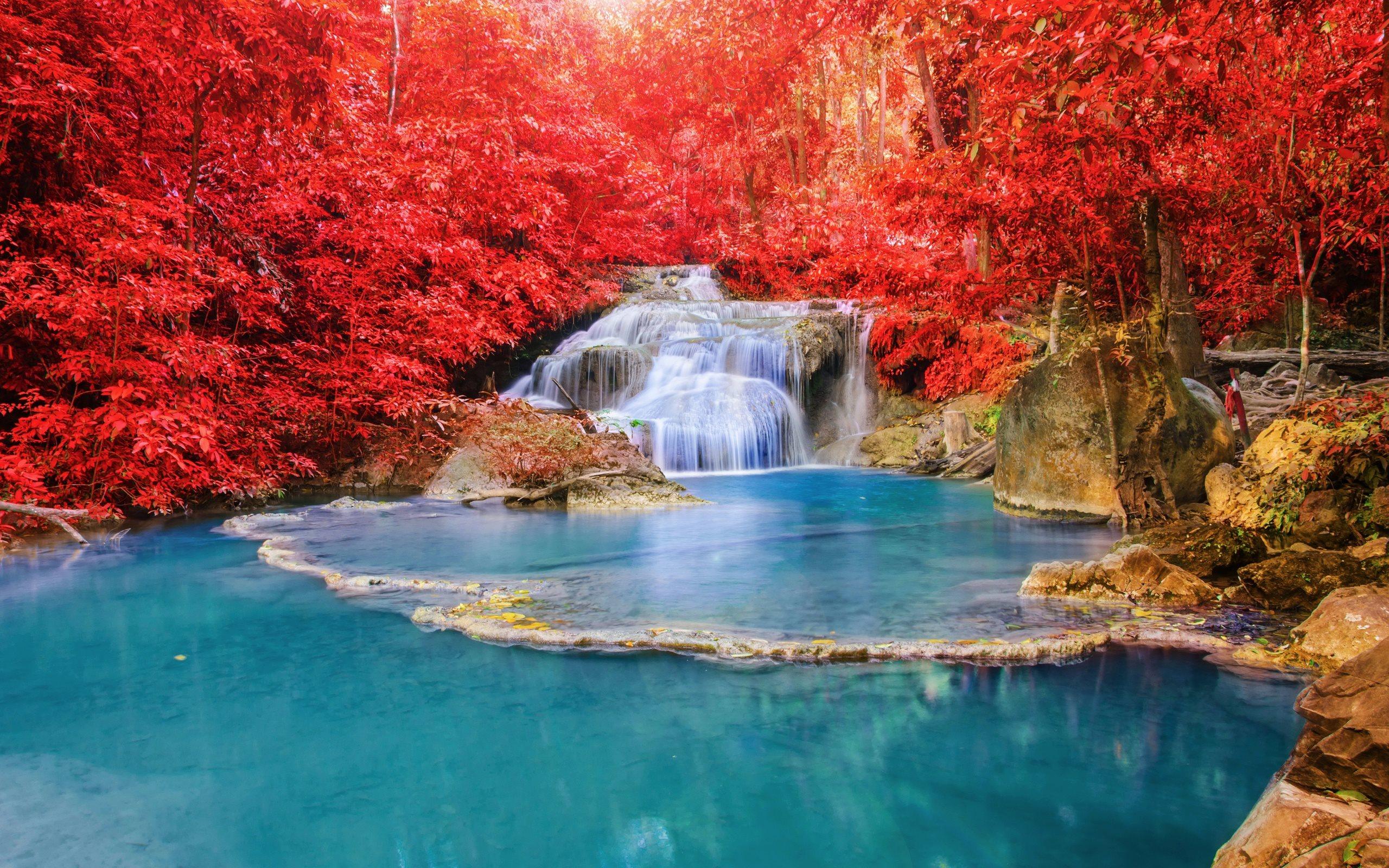 Download wallpaper Erawan waterfall, autumn, Erawan