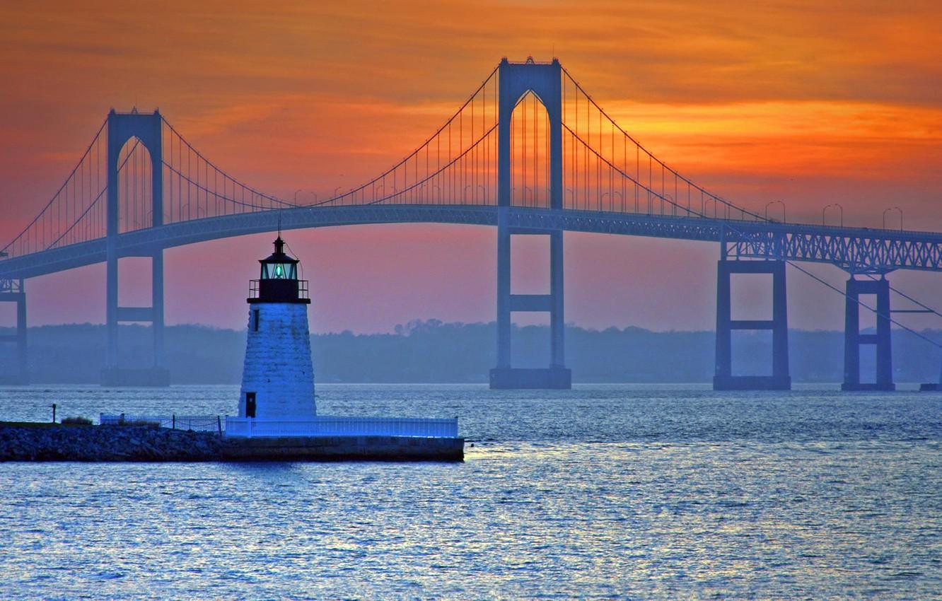 Wallpaper bridge, lighthouse, USA, Newport, Rhode Island