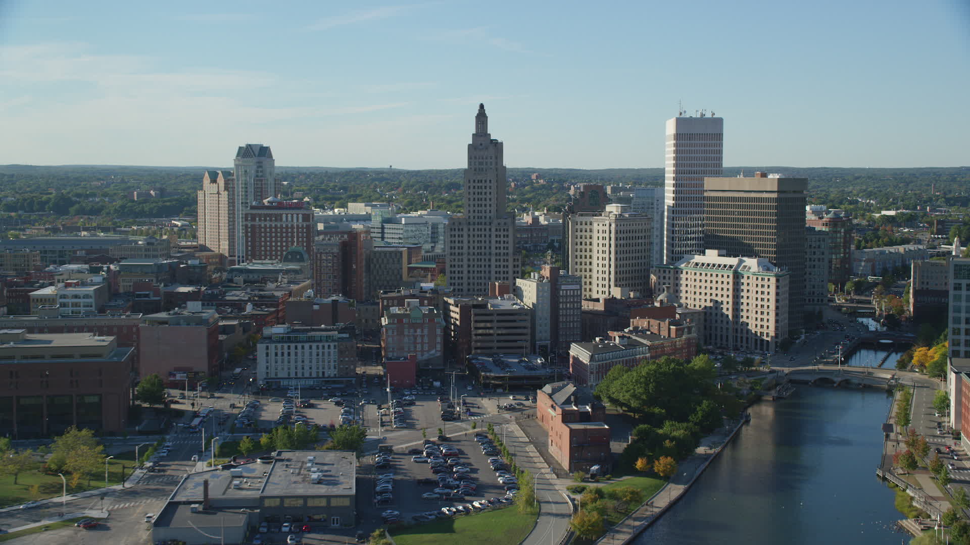 6k stock footage aerial video flying over river, approaching Downtown Providence, Rhode Island Aerial Stock Footage AX145_035