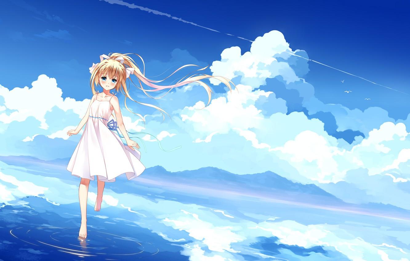 Wallpaper clouds, nature, anime, art, kamio misuzu, Devochka