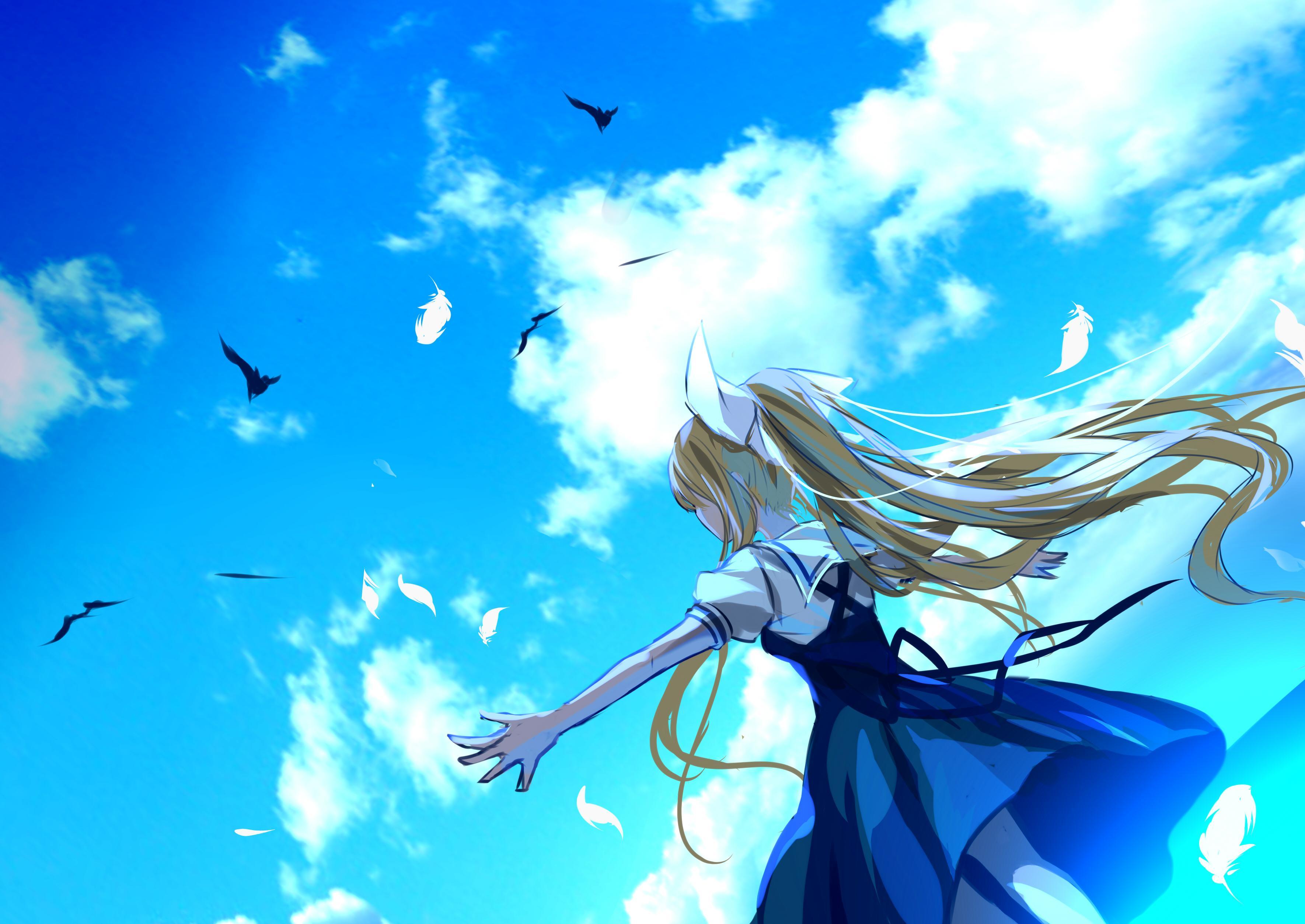 Air animal bird bow dress feathers kamio misuzu long hair