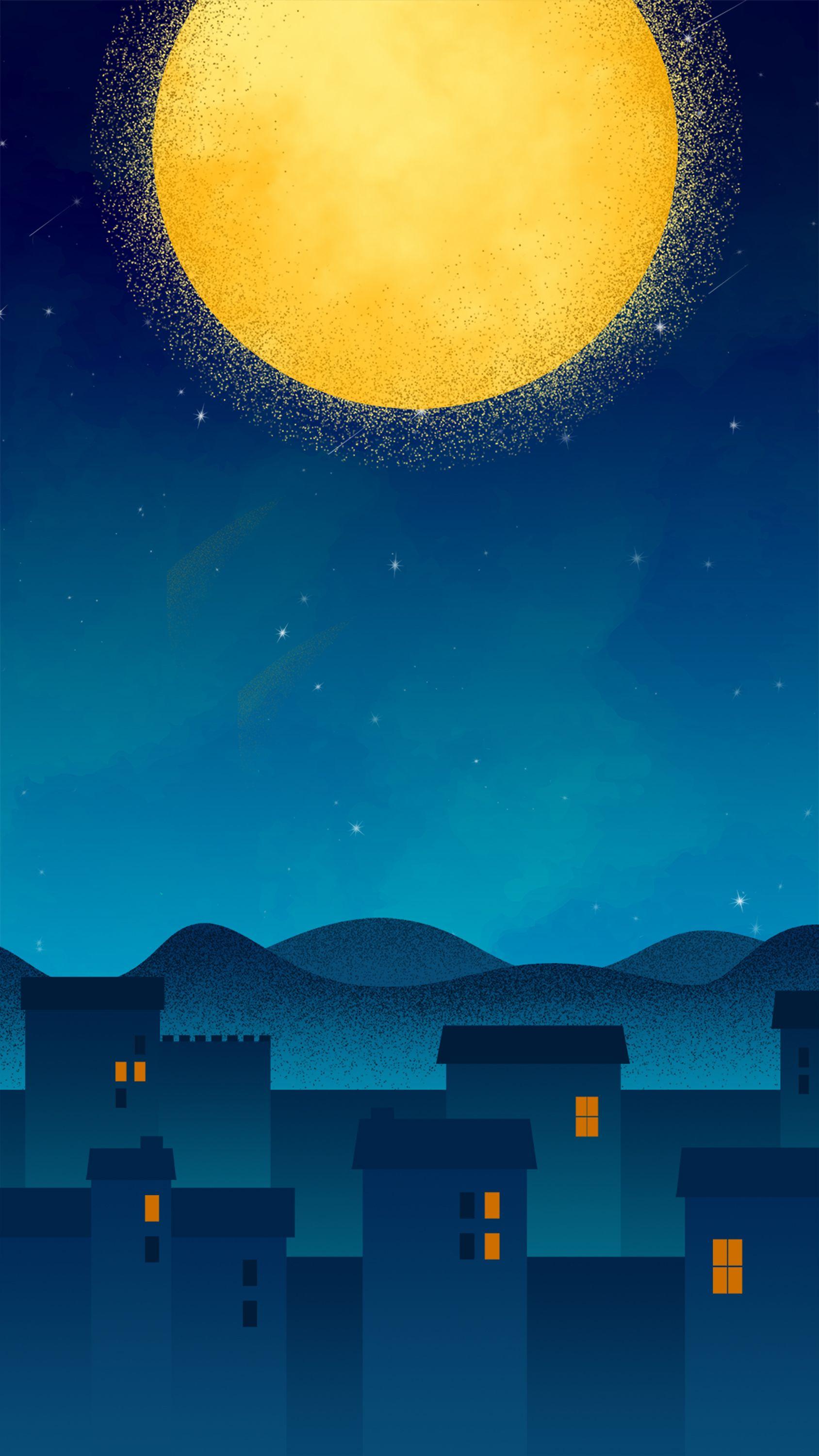 Mid Autumn Festival Houses Night Starry Background. Mid