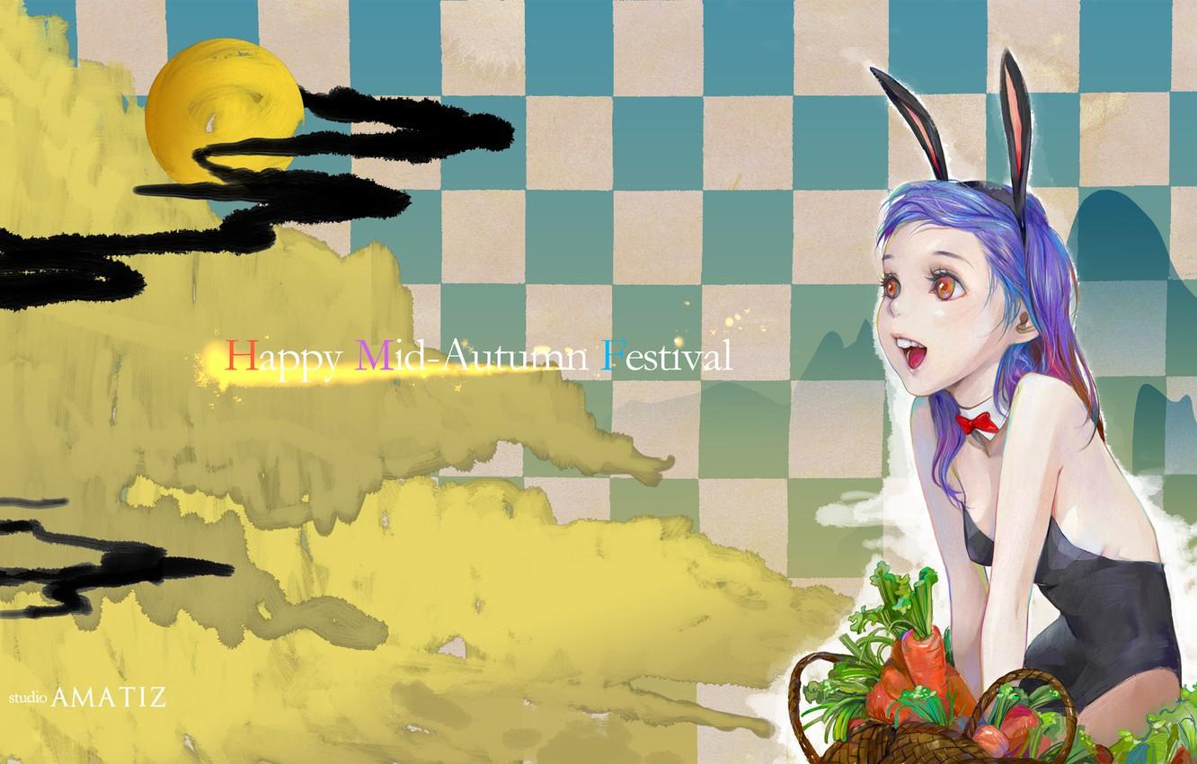 Wallpaper girl, the moon, rabbit, red eyes, ears, carrots