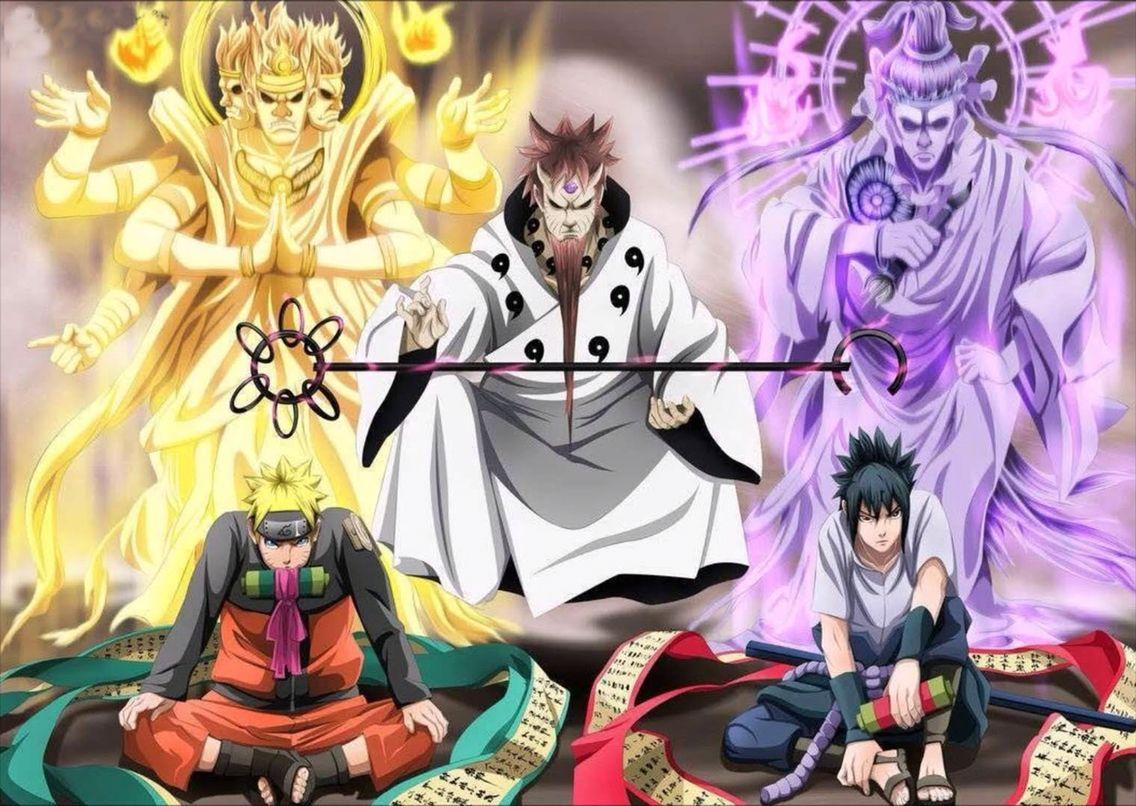 Sasuke and Naruto with Hogoromo the sage of the six paths