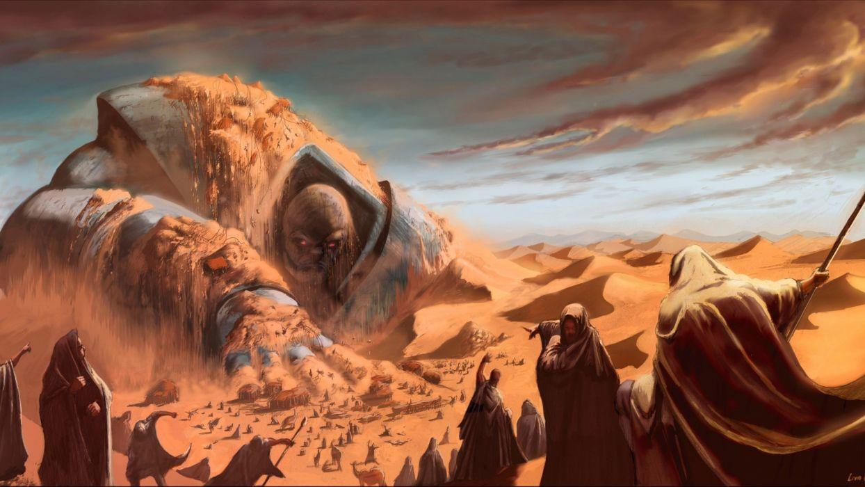 Livio Ramondelli fantasy art monster battle weapons spear desert sand wallpaperx1080