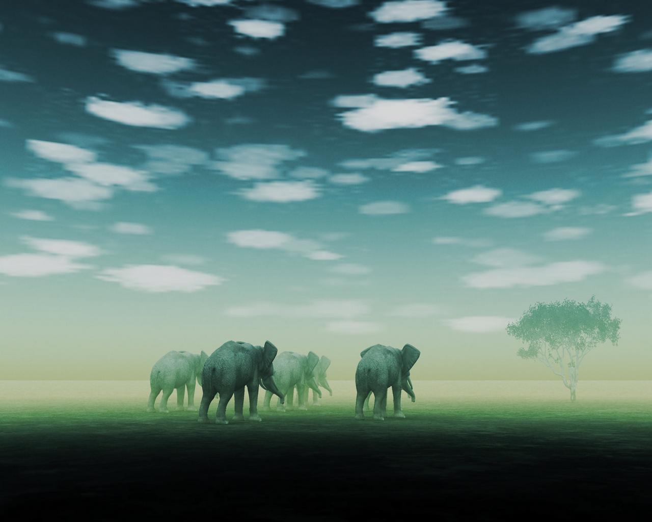 Download wallpaper 1280x1024 elephants, fog, mirage, desert