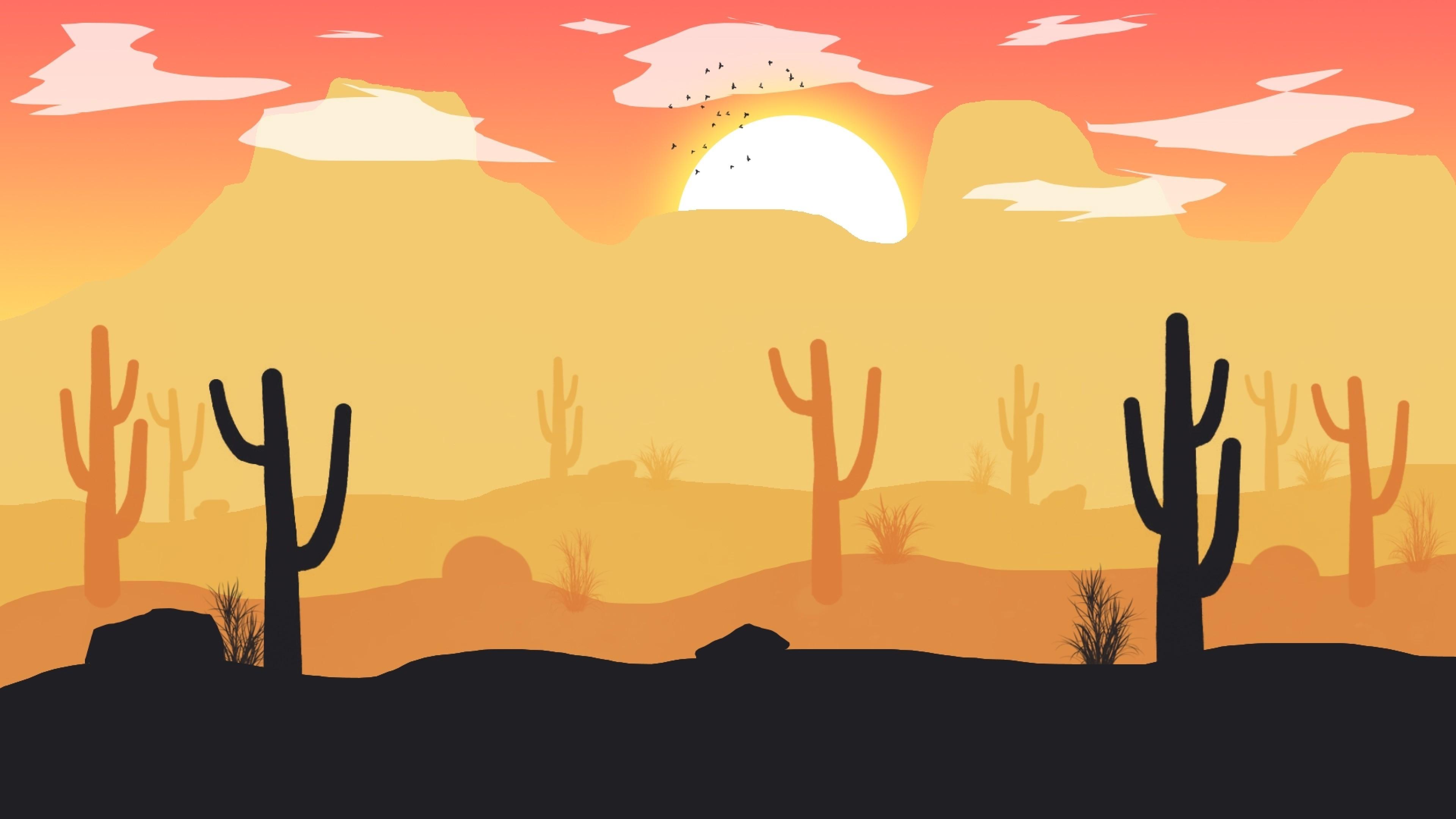 Download 3840x2160 Flat Desert, Sun, Birds, Sky, Digital Art