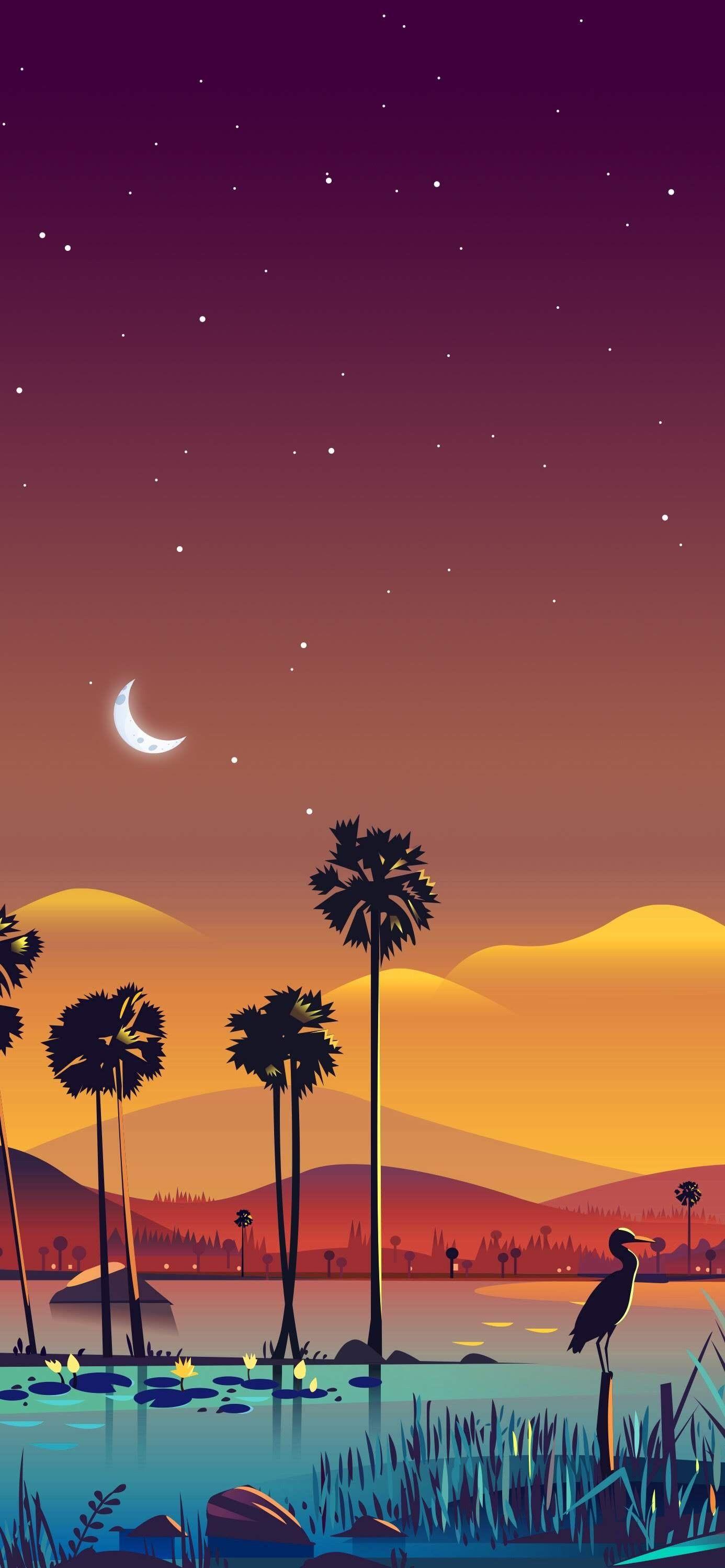 Desert Night Oasis with Palm Trees Art Wallpaper