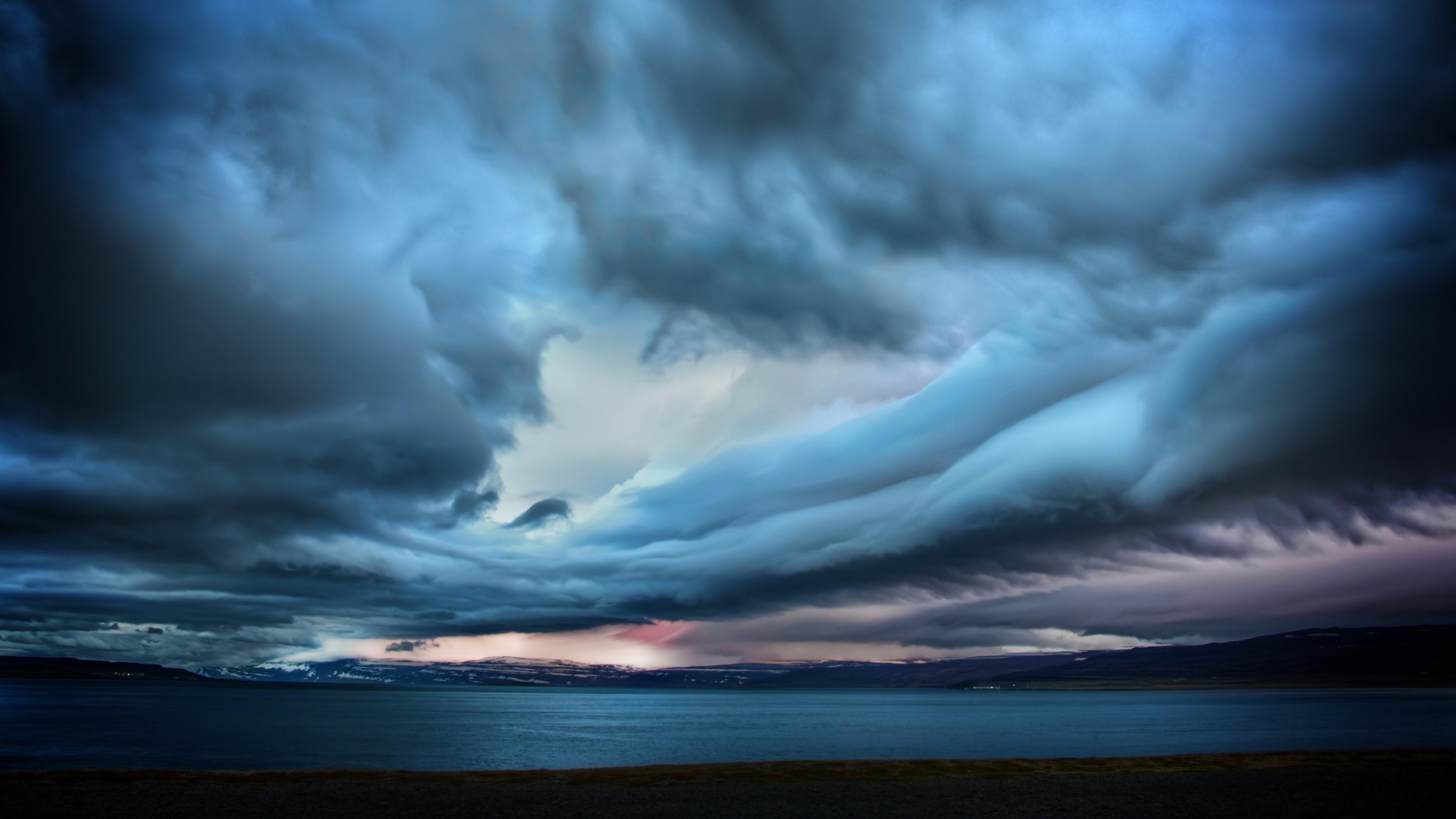 Wallpaper Clouds, 4k, HD wallpaper, sky, Iceland, beach, ocean, mountains, storm, blue, Nature