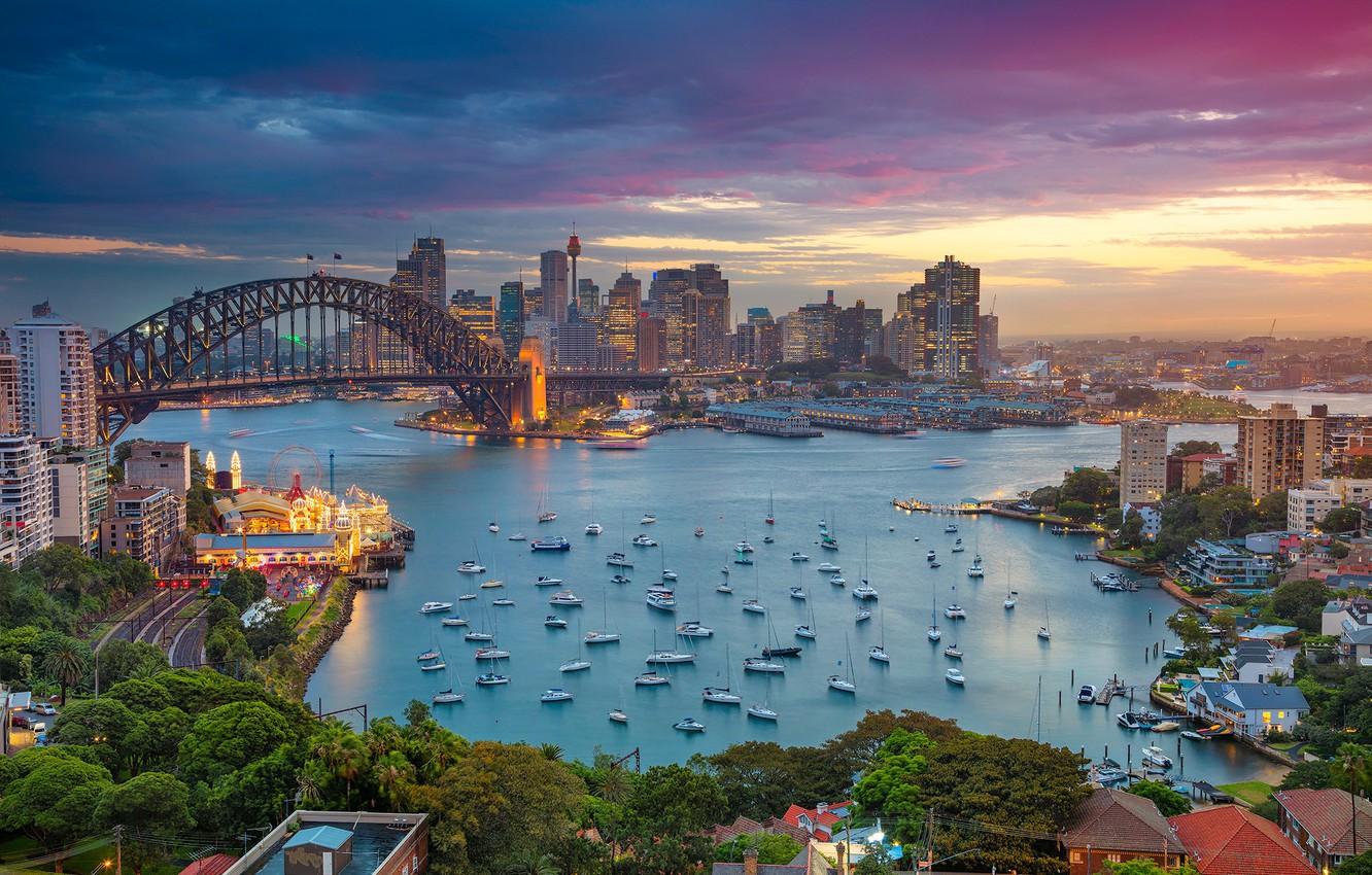 Wallpaper the sky, trees, sunset, bridge, lights, home, yachts, boats, the evening, Australia, Bay, Sydney, Harbour Bridge, Harbour Bridge image for desktop, section город