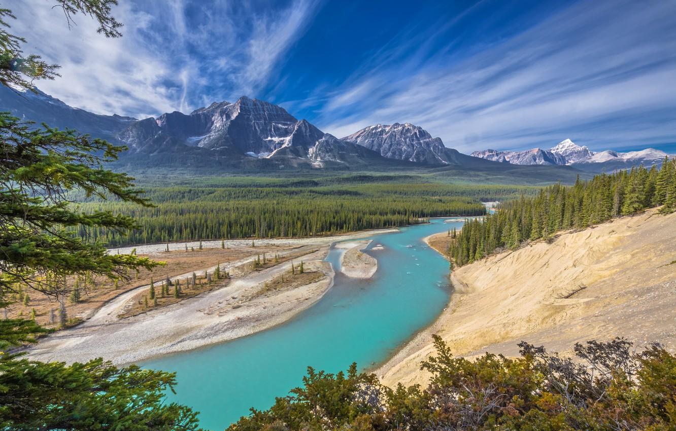 Wallpaper forest, mountains, river, Canada, Albert, Alberta