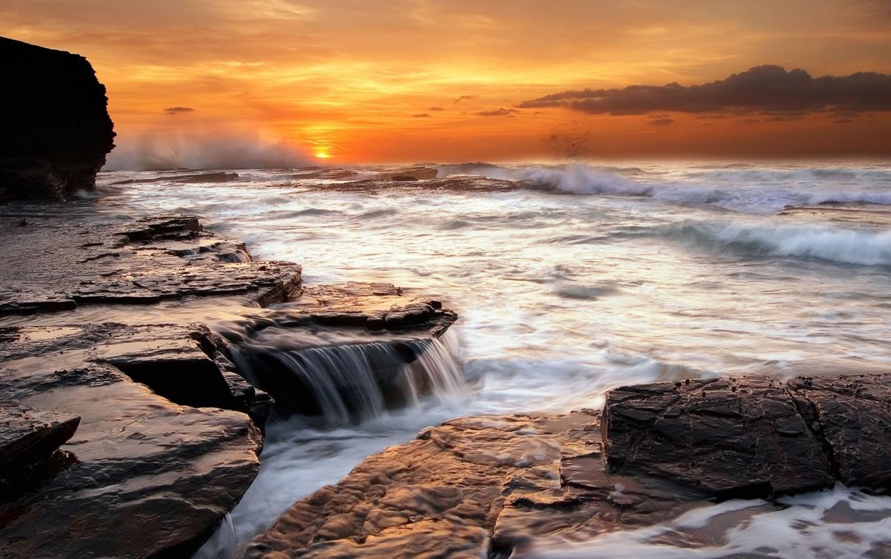 Ocean Sunset Rocks Waterfall wallpaper. Ocean Sunset Rocks