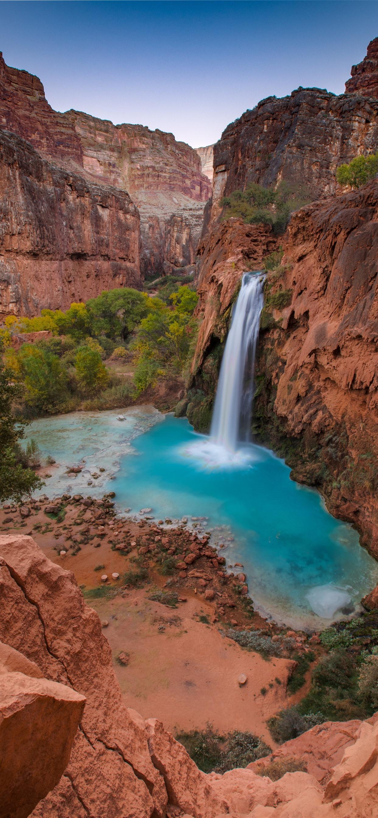 Beautiful waterfall, pond, rocks, cliff 1242x2688 iPhone XS
