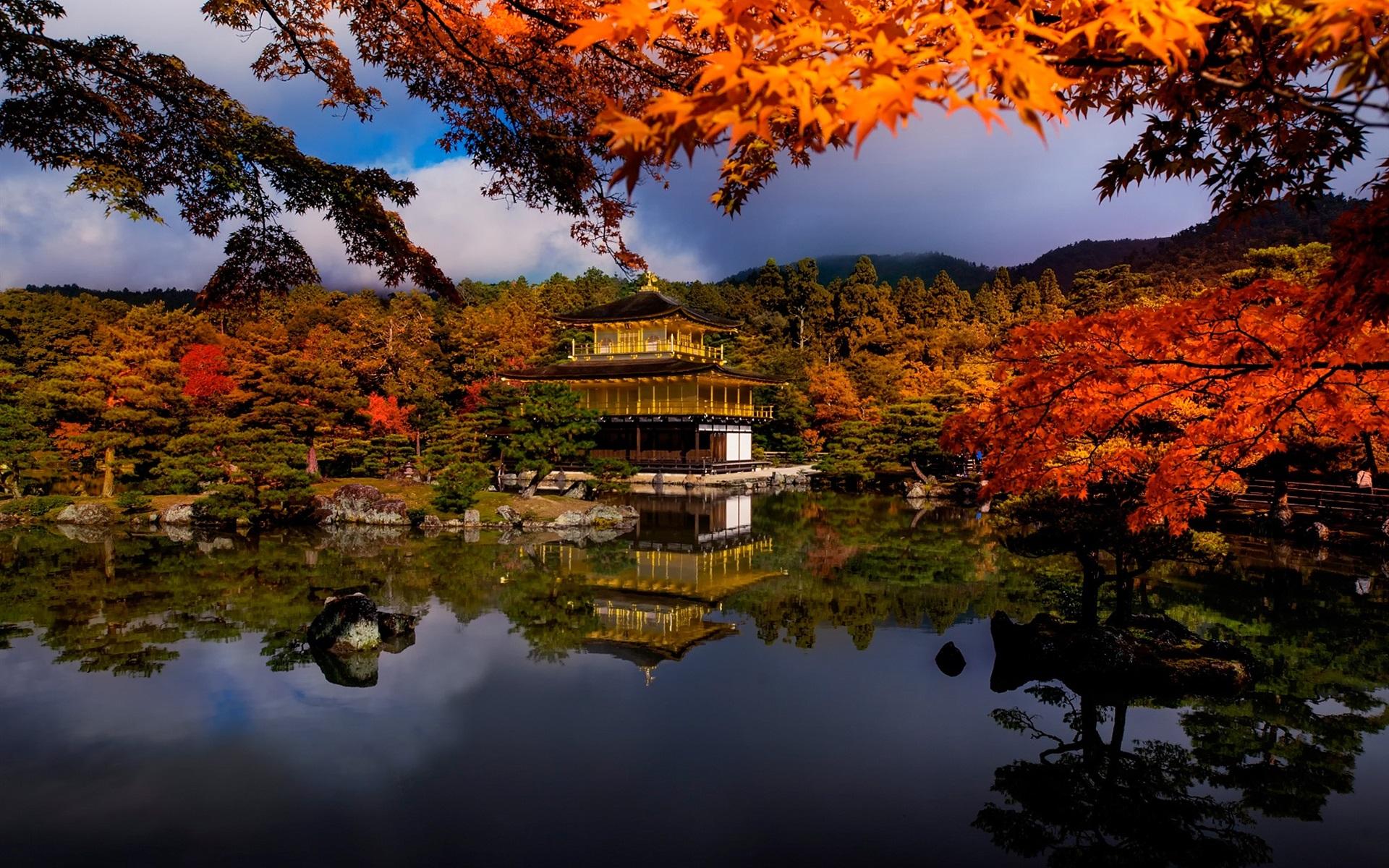 Wallpaper Autumn, trees, lake, house, park, Japan 1920x1200