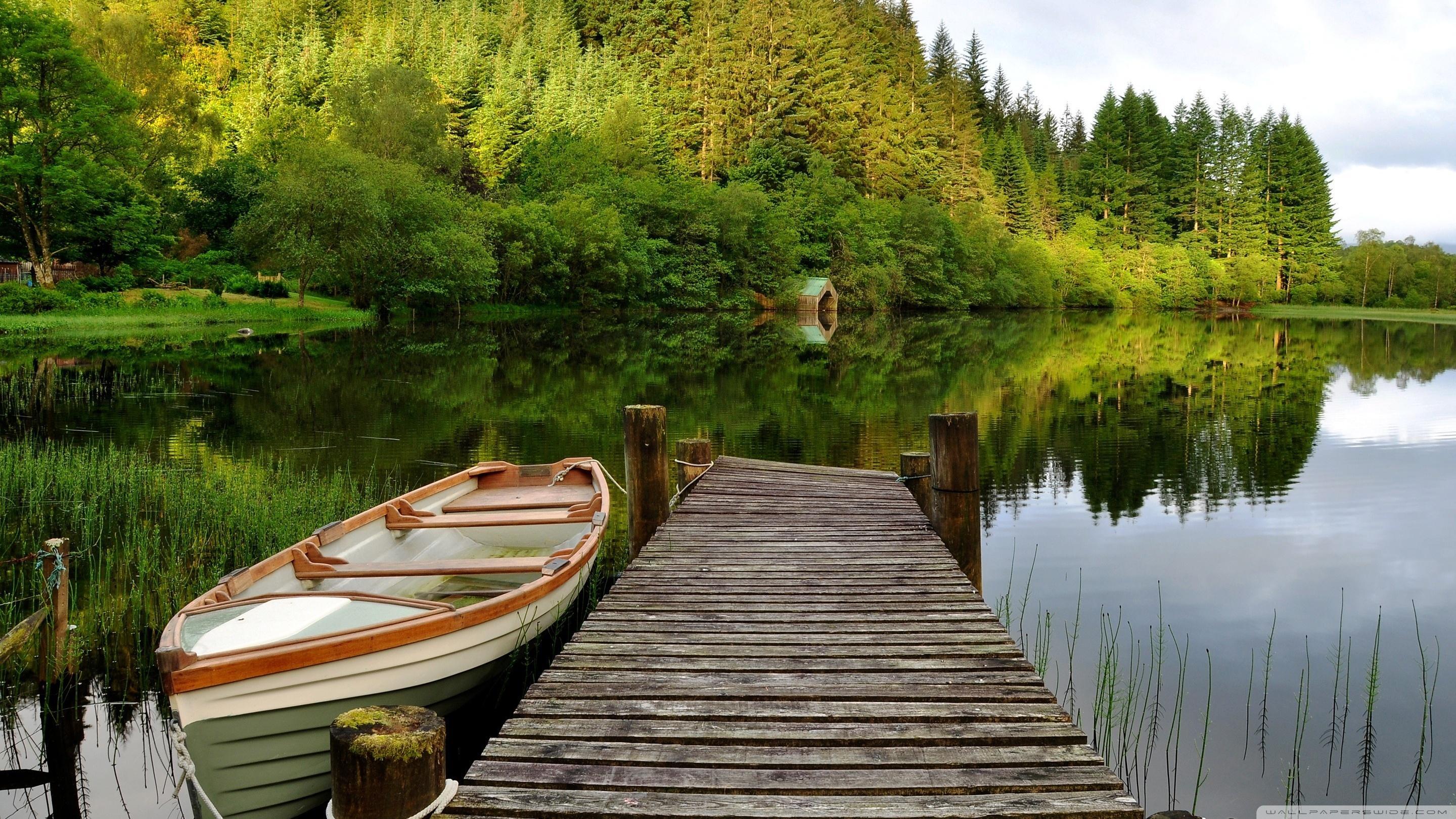Boat In Green Lake With Wooden Bridge Ultra HD Desktop Background Wallpaper for 4K UHD TV, Tablet