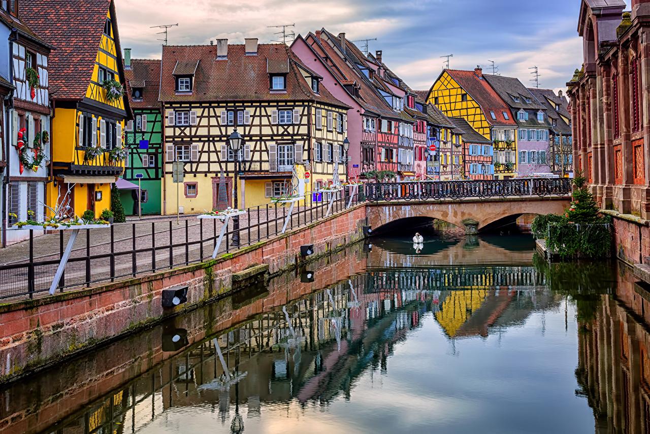 Picture France Colmar Alsace Canal Bridges Cities Houses
