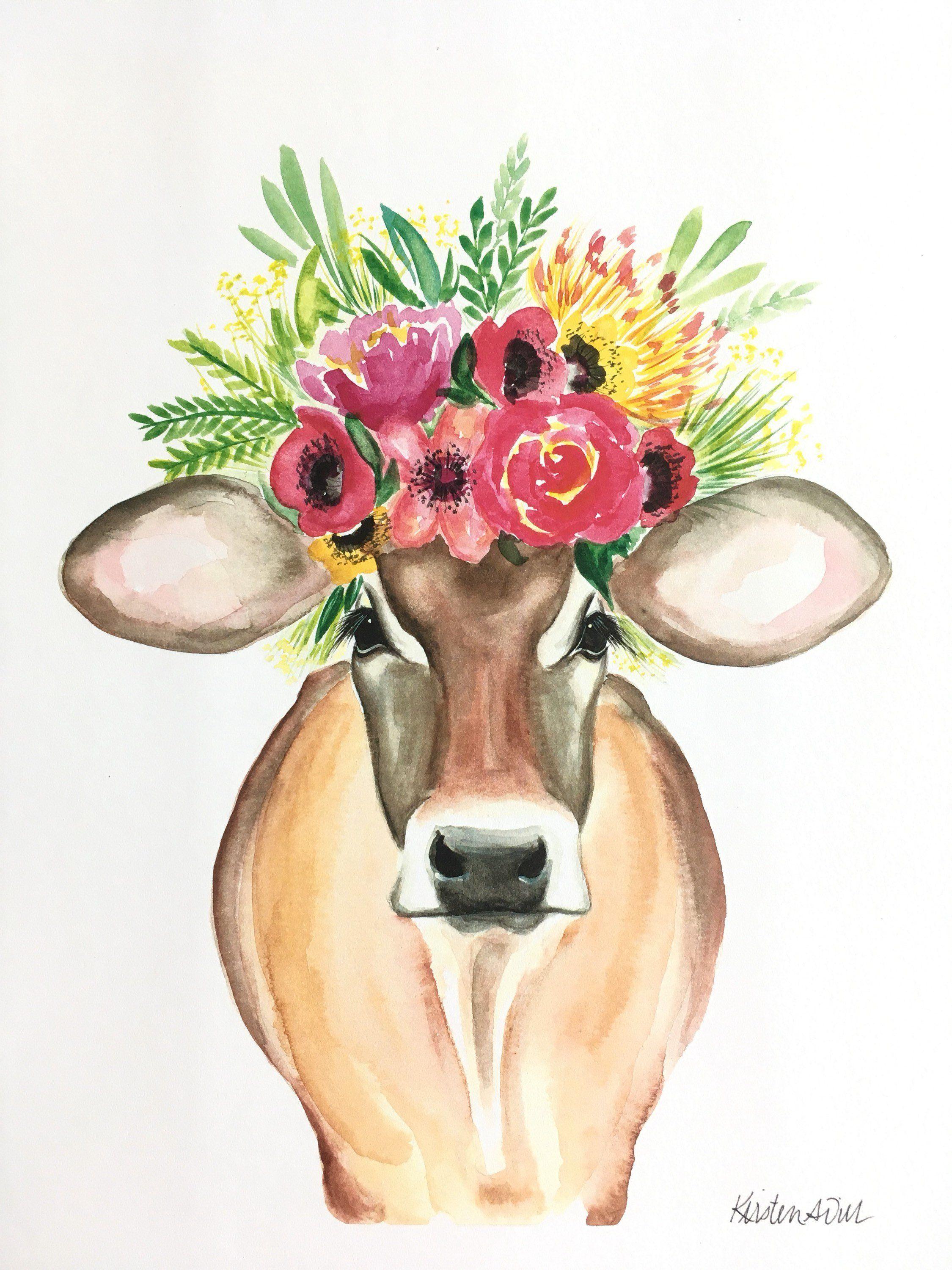 Miranda the Cow PRINT, floral cow, floral crown cow. Living