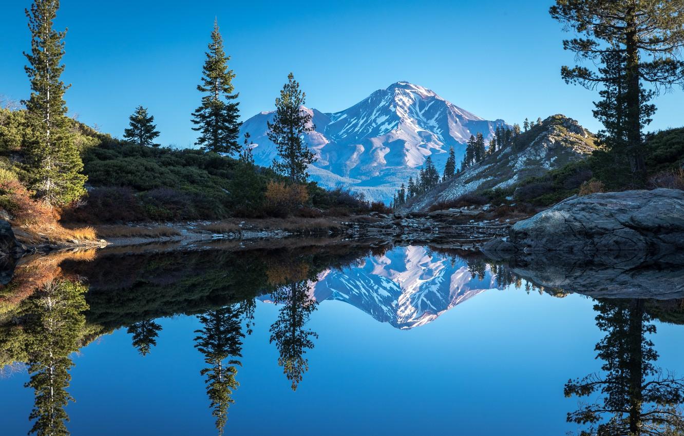 Wallpaper trees, mountains, lake, reflection, CA, California