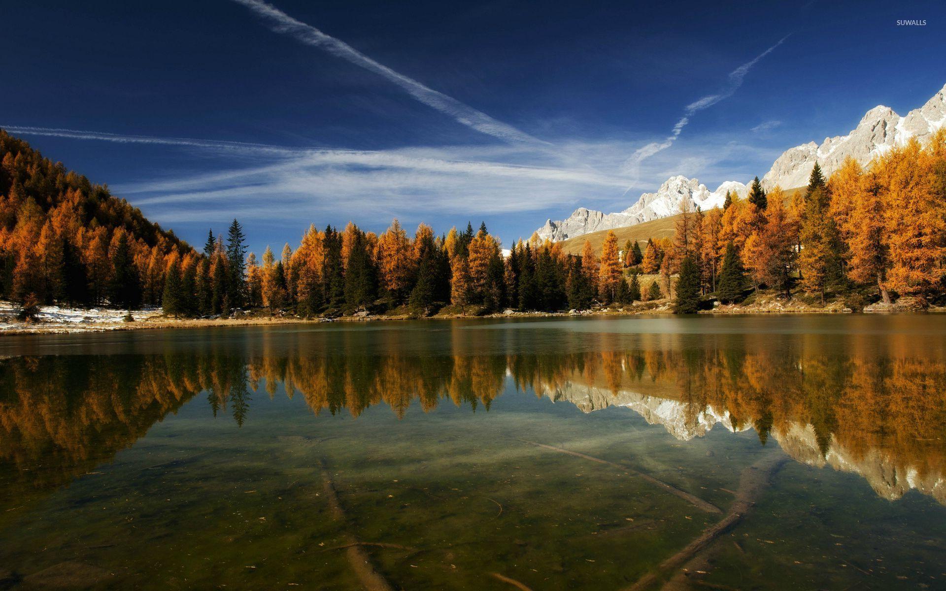 Clear mountain lake reflecting the trees wallpaper