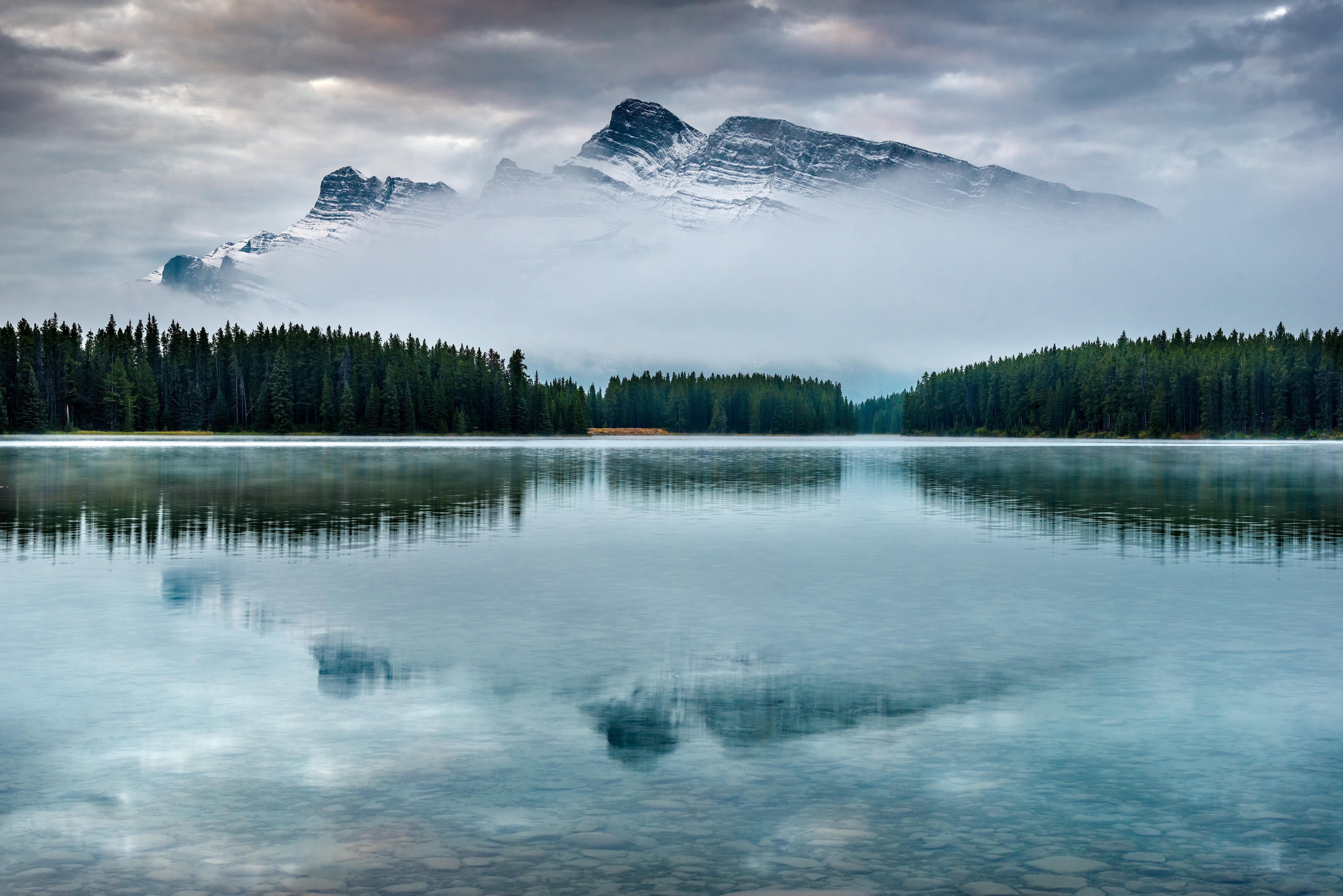 wallpaper mountain, lake, trees, reflection, sky, peak HD