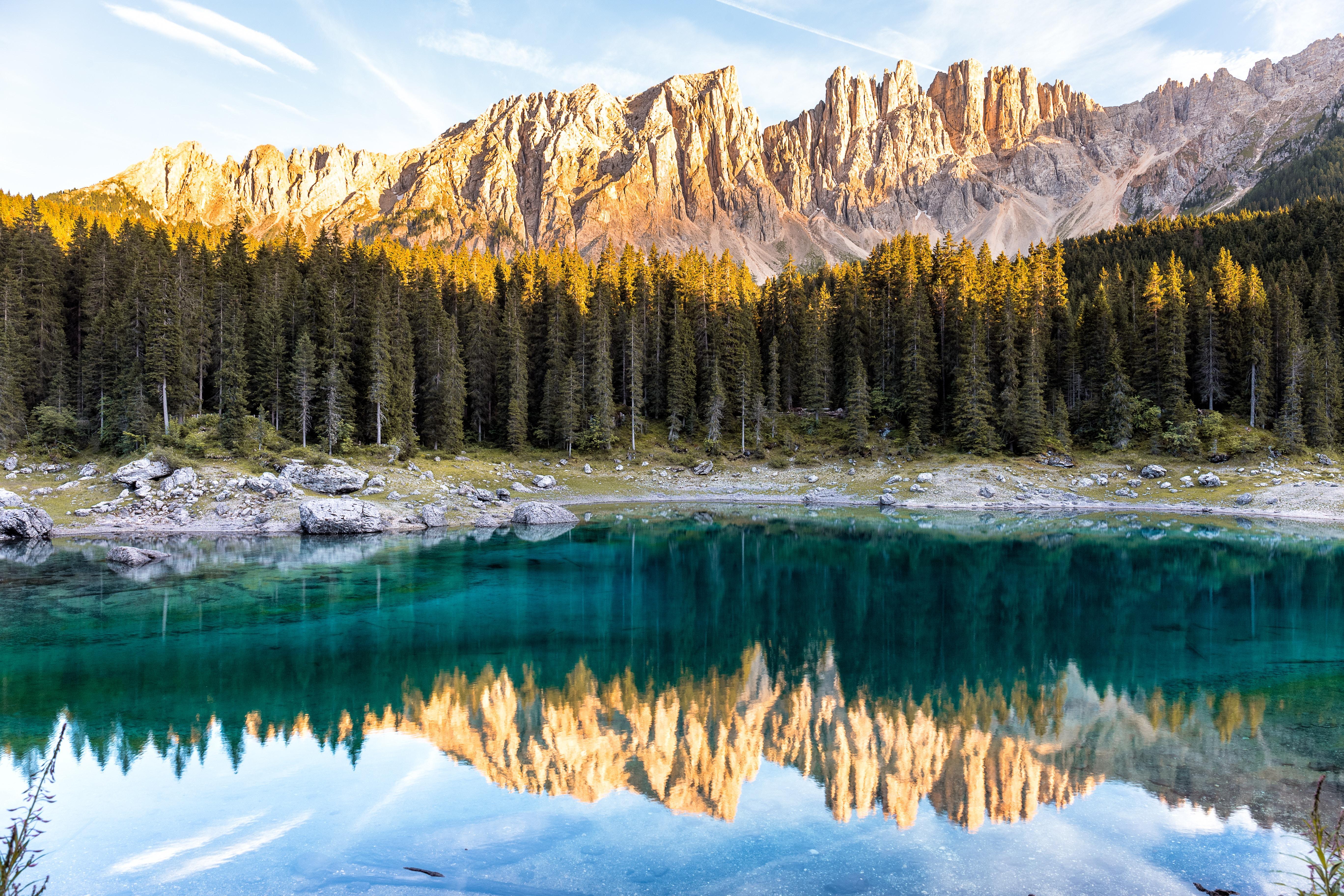 wallpaper lake, mountains, trees, reflection, landscape