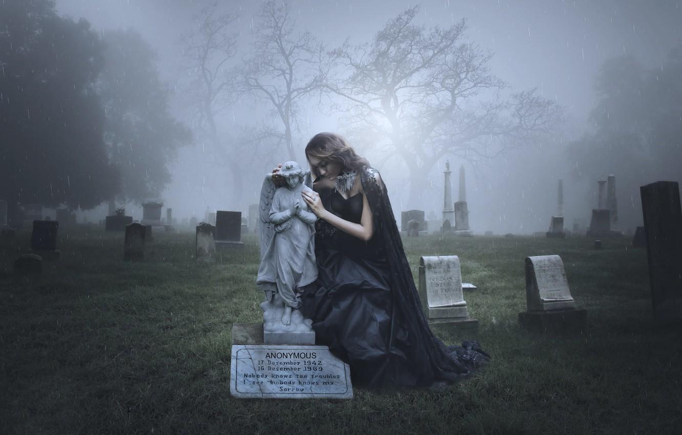 Wallpaper girl, rain, angel, cemetery, headstone, mourning