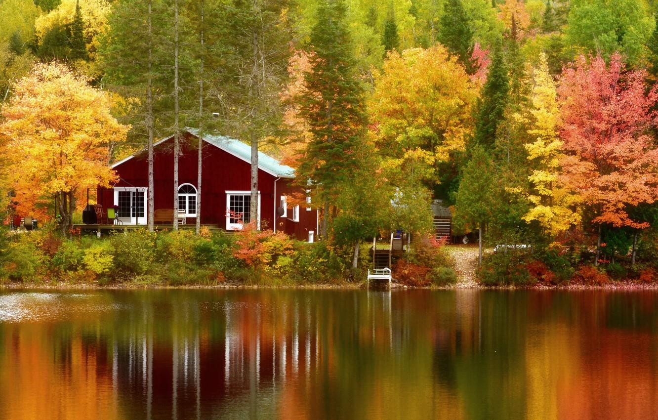Wallpaper autumn, trees, lake, house, Canada, Canada, Quebec