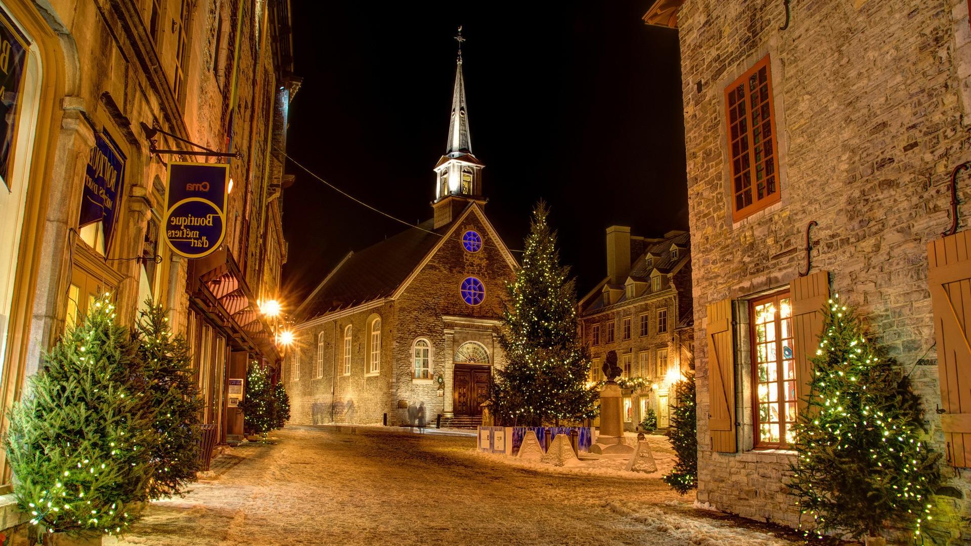 architecture, City, Town, Building, Old Building, History, Tower, Street, Window, House, Quebec, Canada, Christmas, Trees, Lights, Christmas Tree, Christmas Lights, Winter, Church, Christianity, Long Exposure, Night, Snow Wallpaper HD / Desktop and