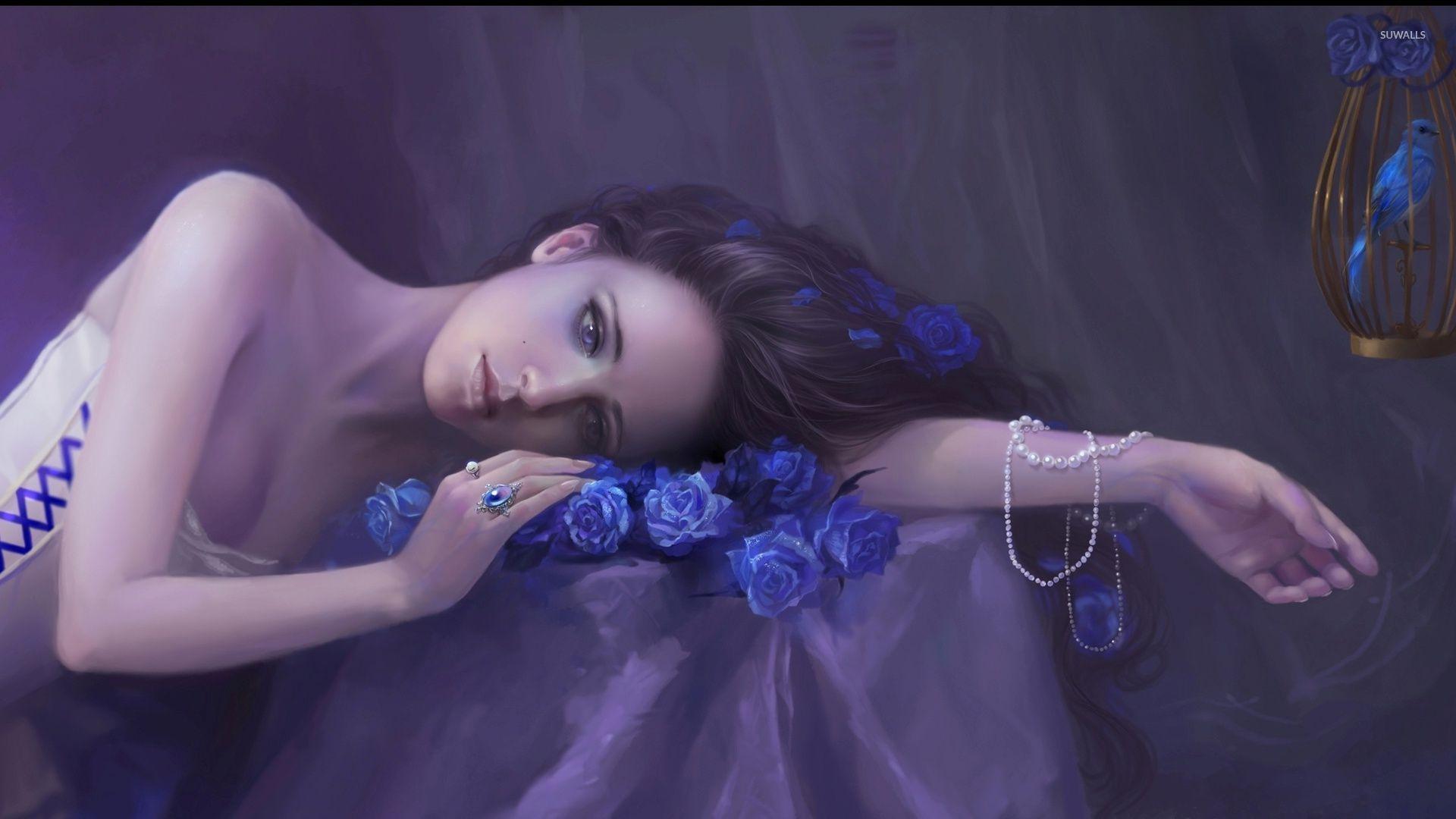 Woman on blue roses wallpaper wallpaper