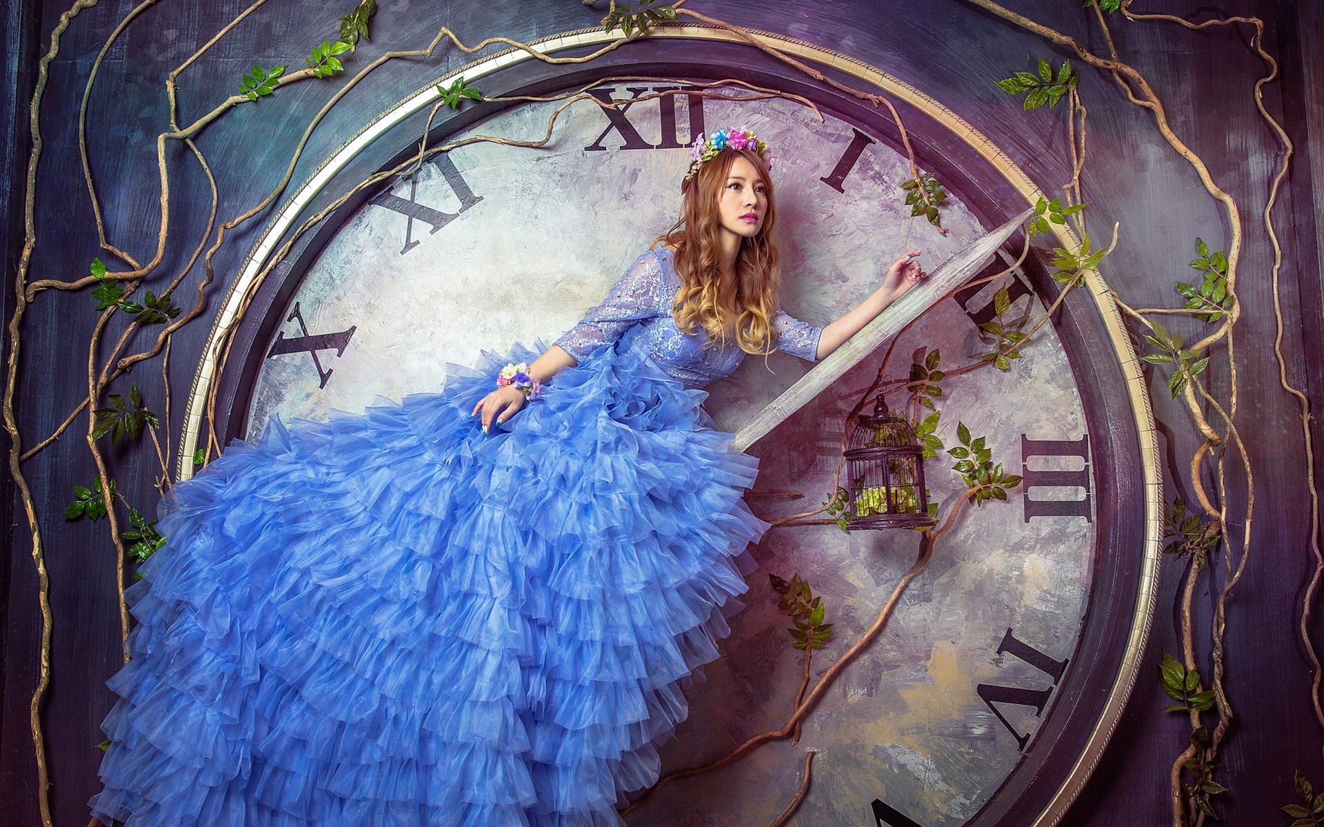 Wallpaper Creative picture, blue dress girl, big watch
