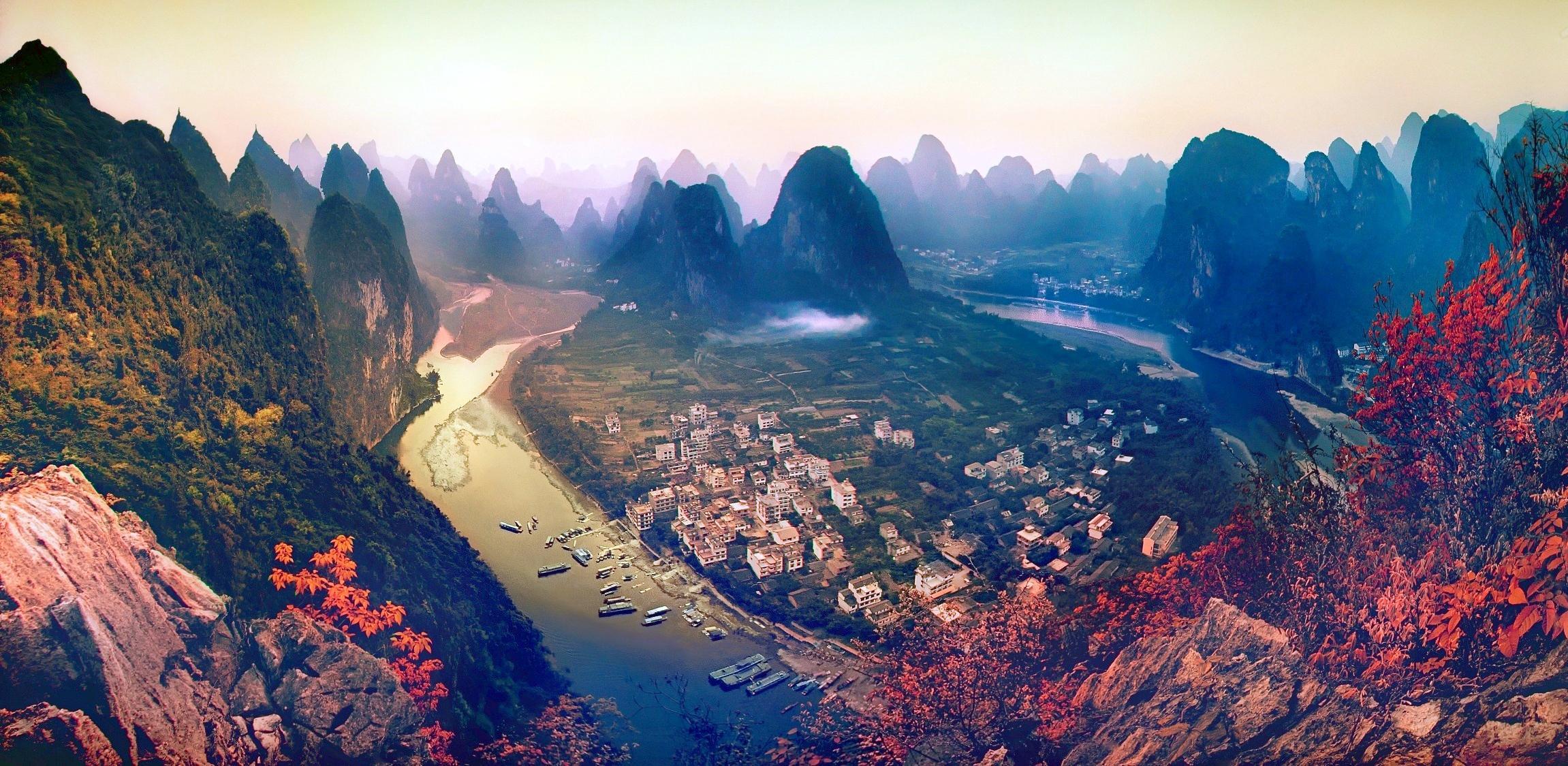 forest, mountains, town, sunset, fog, river, magical, China, beautiful, boats, autumn, buildings wallpaper