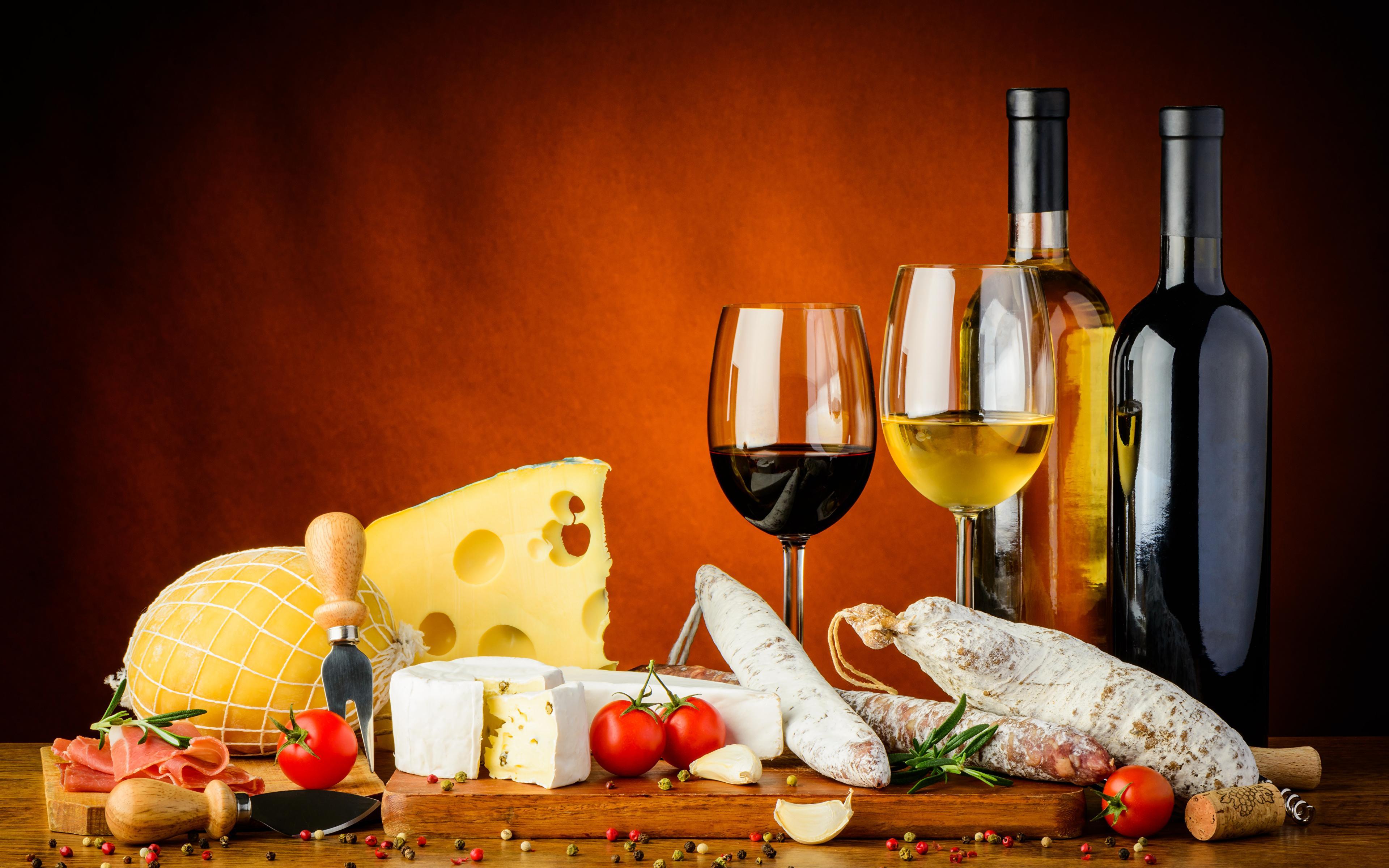 Wallpaper Wine Sausage Tomatoes Cheese Food Bottle 3840x2400