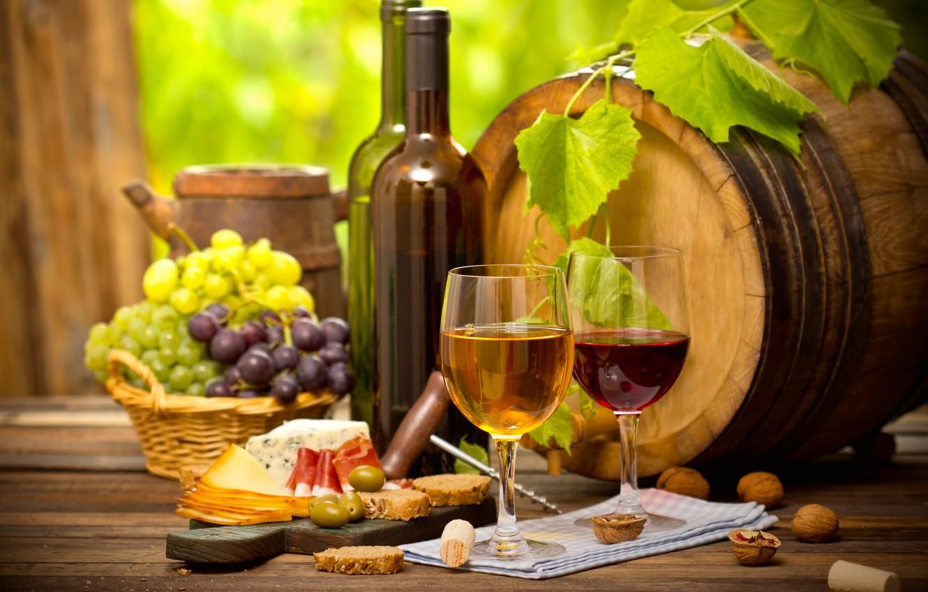 Wallpaper wine, glass, cheese, bread, grapes, nuts, sausage