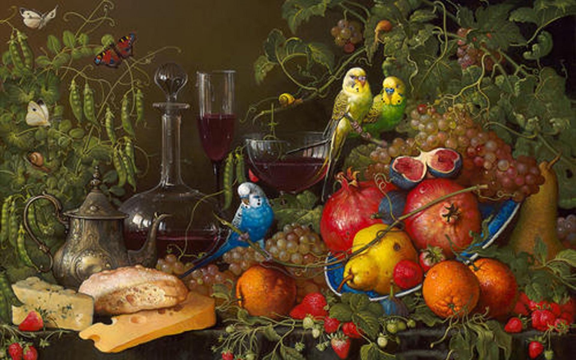 Birds Fruits Cheese & Wine wallpaper. Birds Fruits Cheese