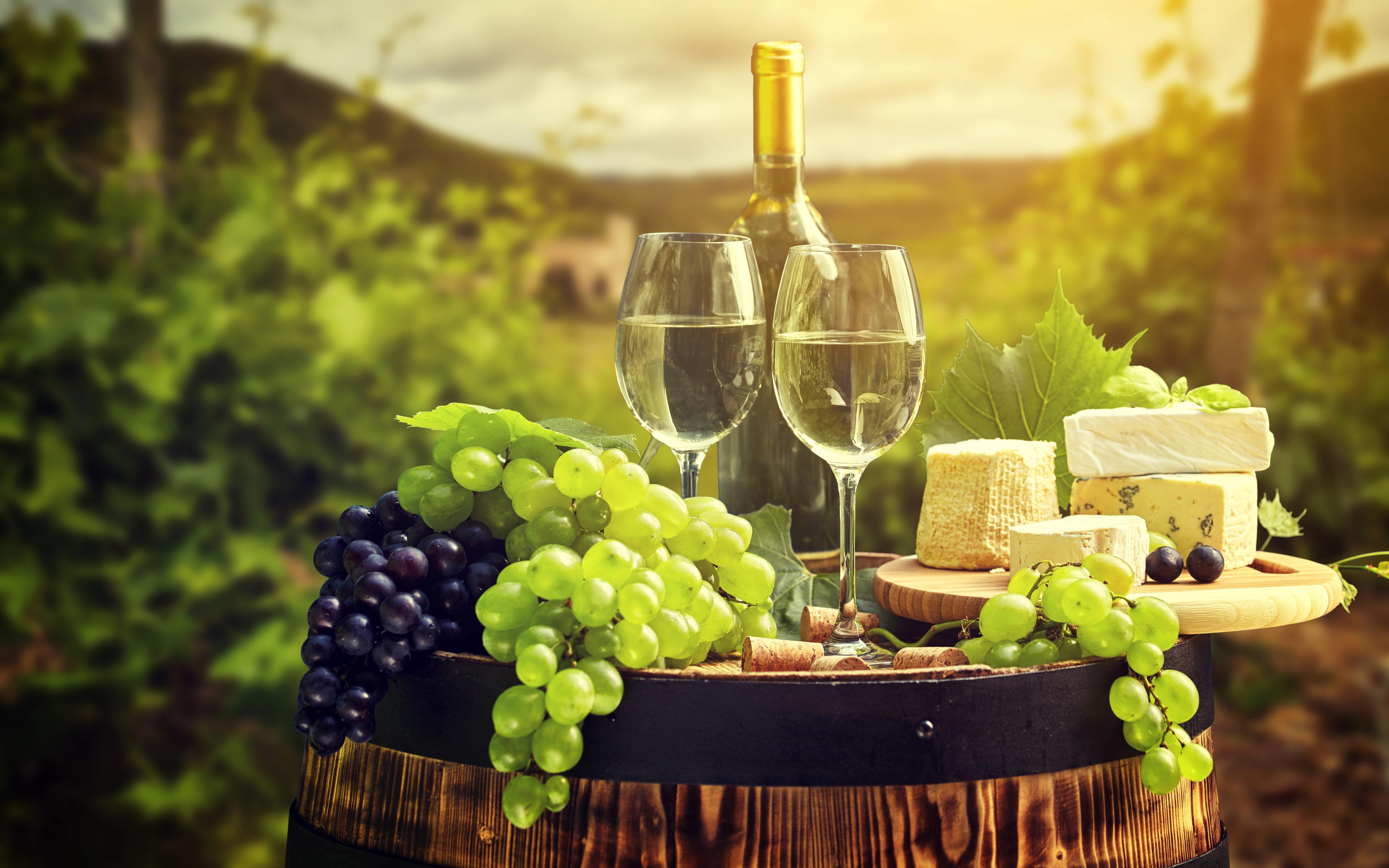 Download wallpaper 4k, wine, grapes, cheese, barrel, summer