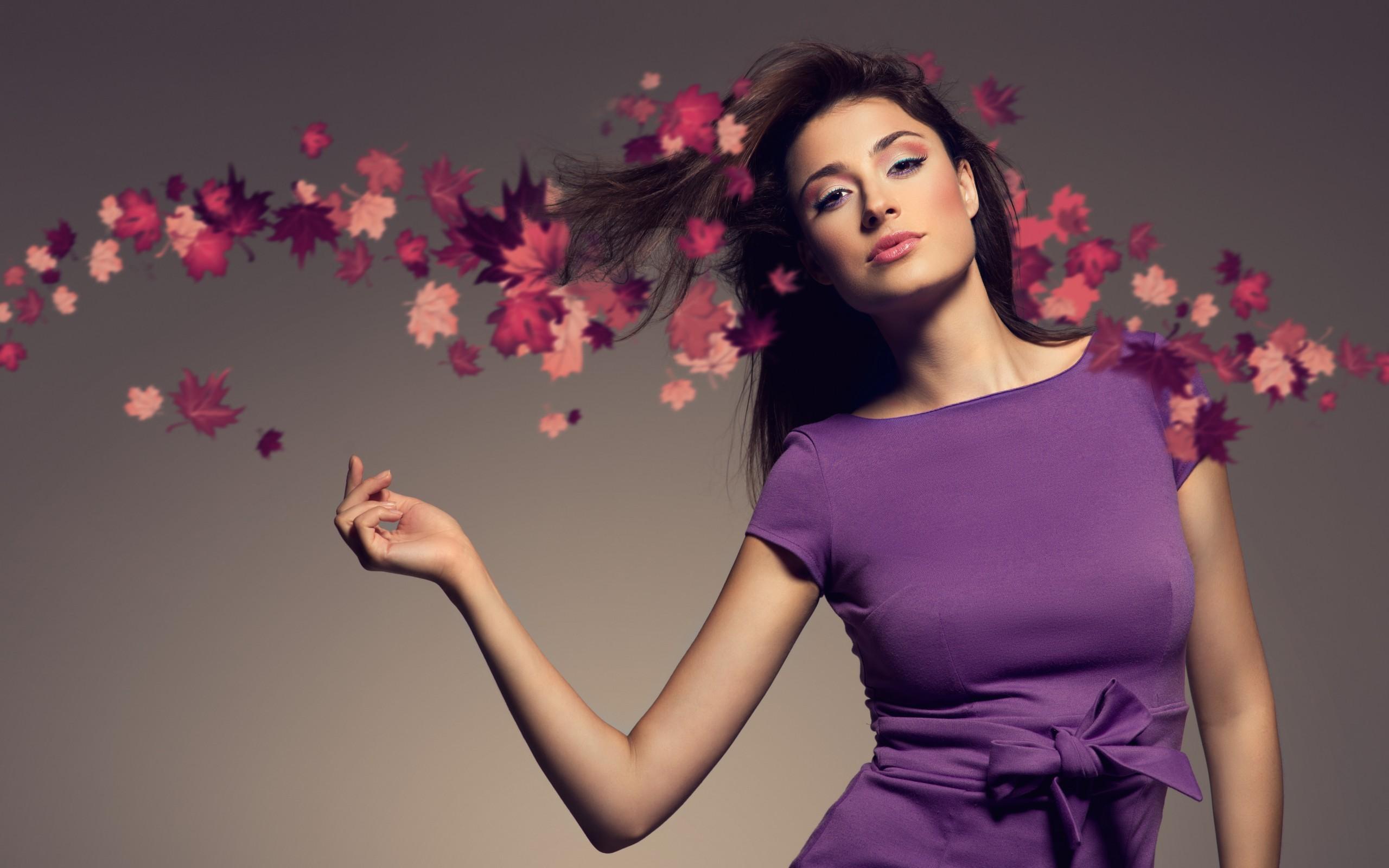 Woman, Leaves, Makeup, Purple Dresses, Wind wallpaper