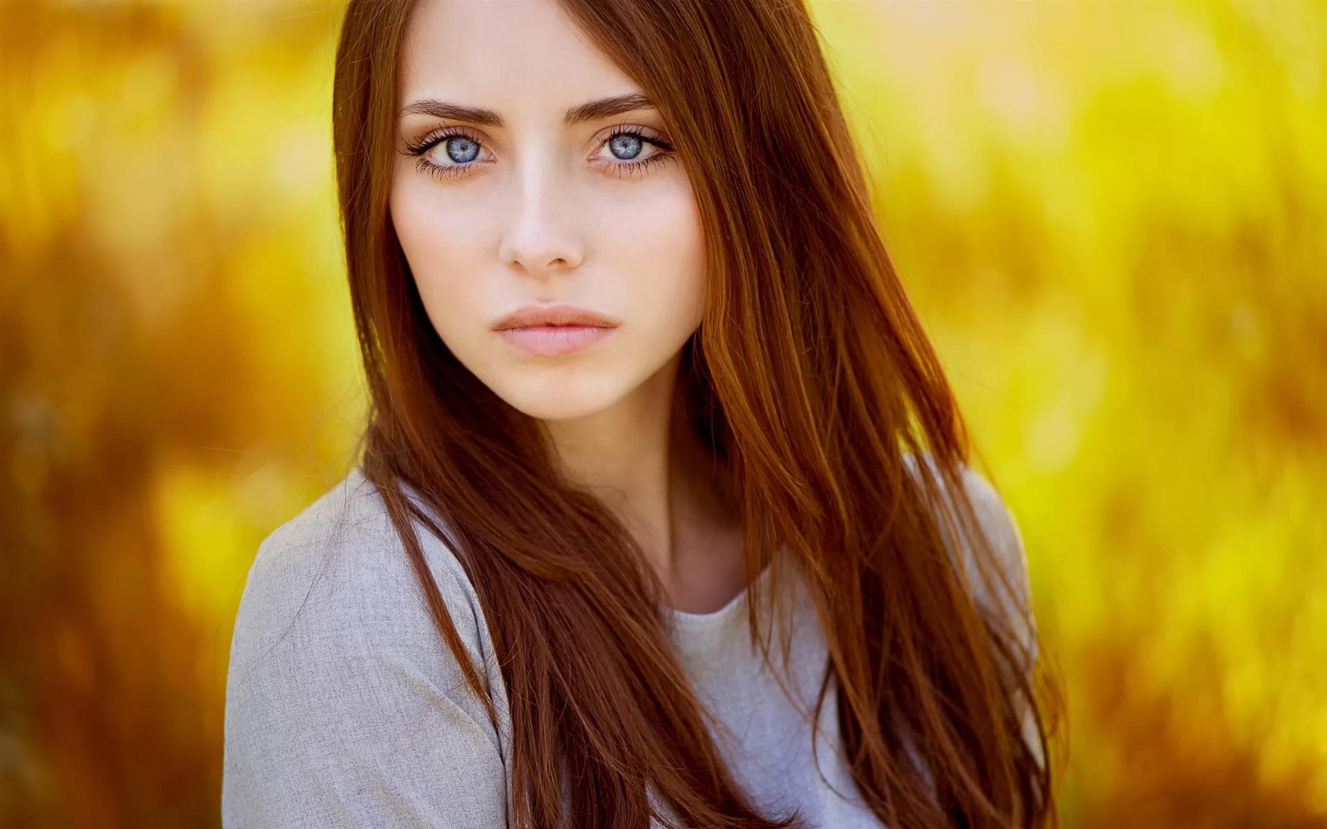 Wallpaper Red hair girl, model, orange background 1920x1200