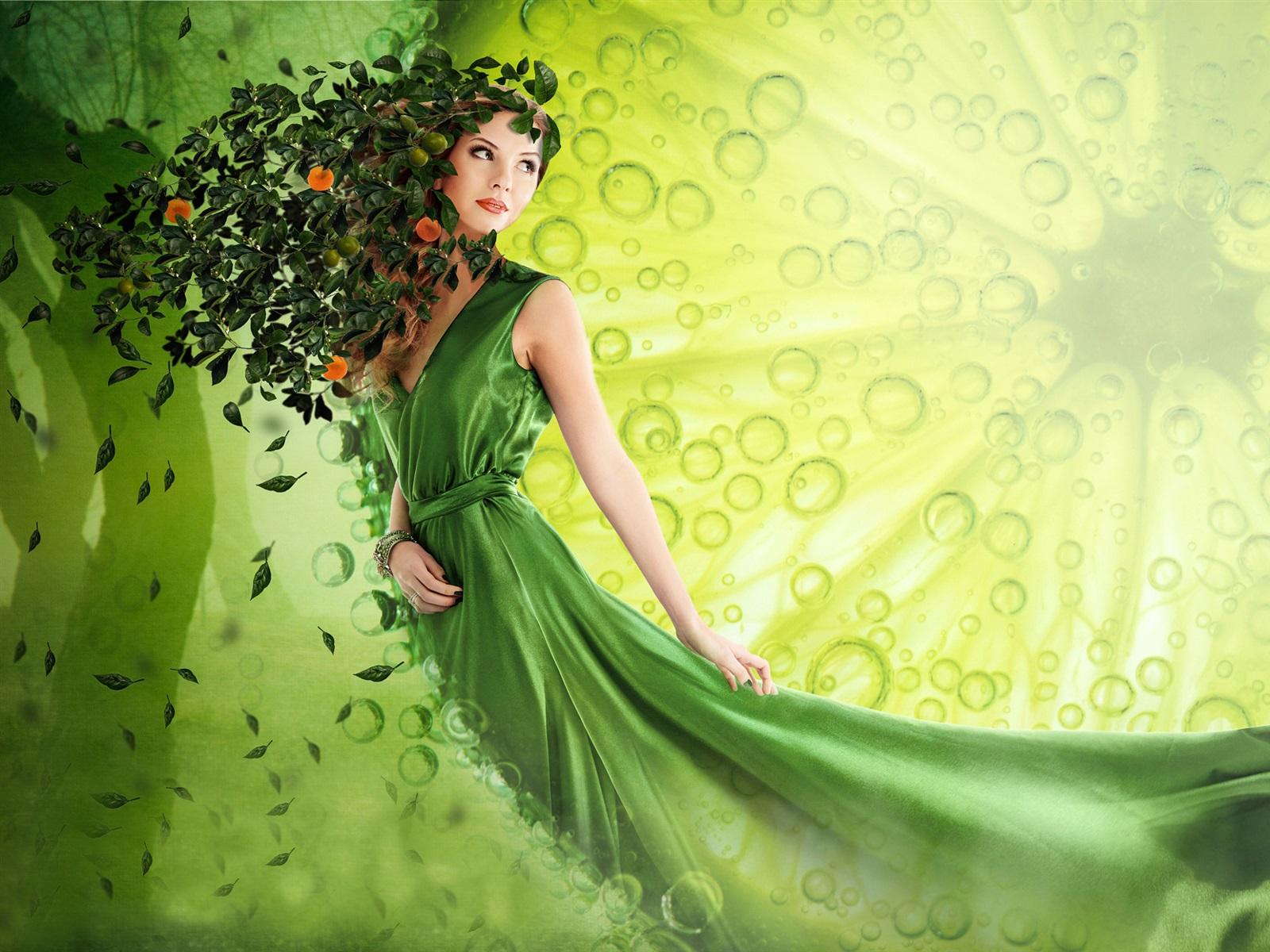 Wallpaper Green skirt fantasy girl, leaves, art picture