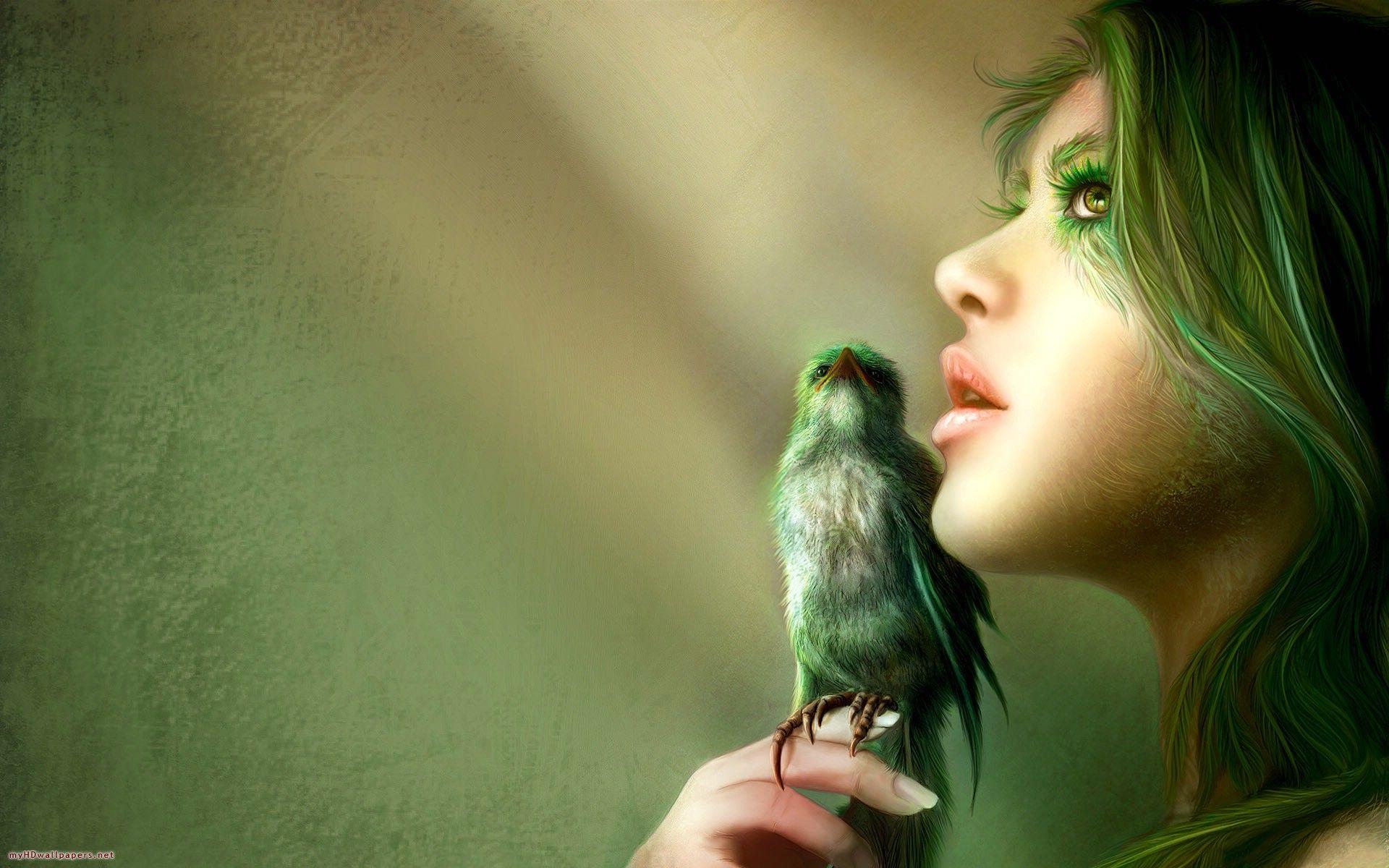 Parrot Girl. Green. Bird wallpaper, Fantasy art, Birds