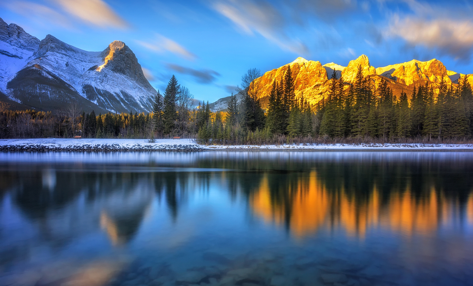 sunrise, autumn, mountains, water, cold, lake, Canada, snow