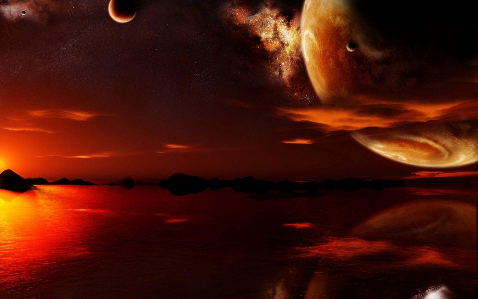 Red Planet Moon Sky Lake Sunset Fantasy HD Wallpaper HD