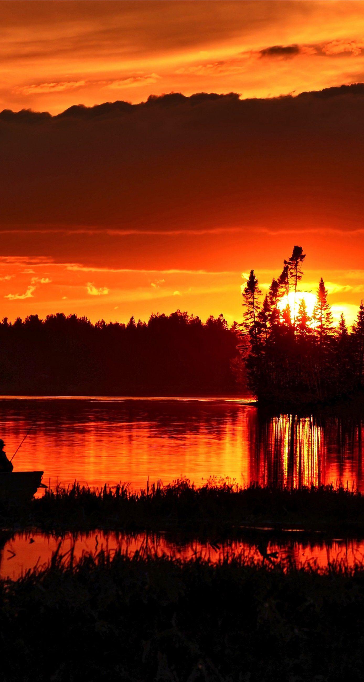 Sunset Evening Twilight Fishermen Clouds Sky Lake Colors