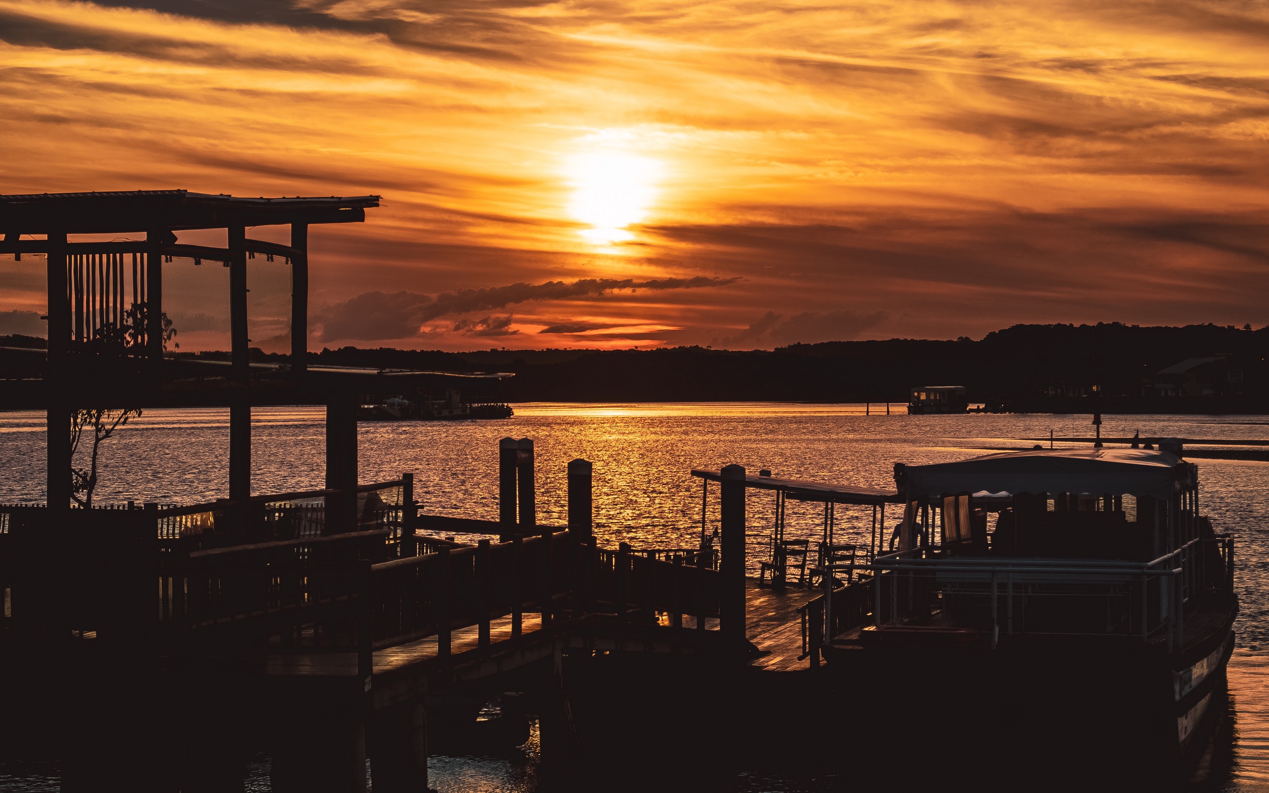 Download wallpaper 2560x1600 sunset, pier, river, evening