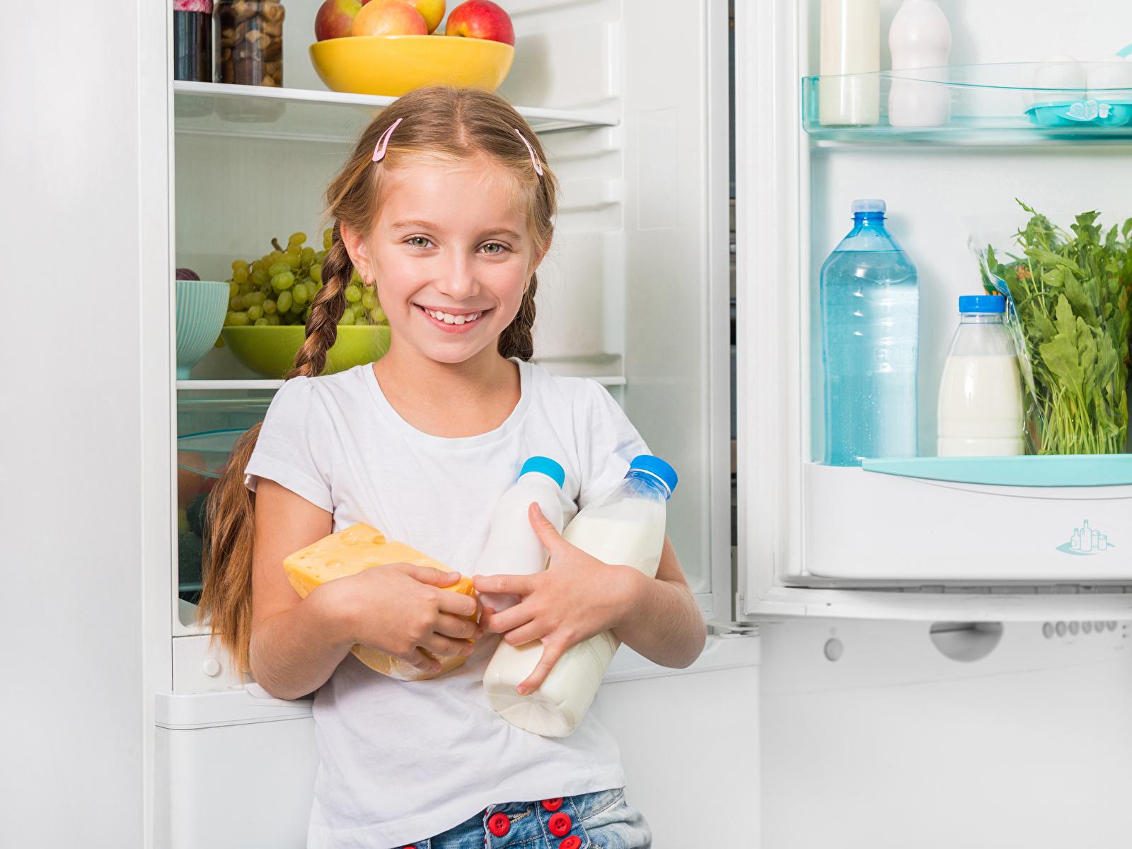 Wallpaper Milk Little girls fridge Smile Children Bottle